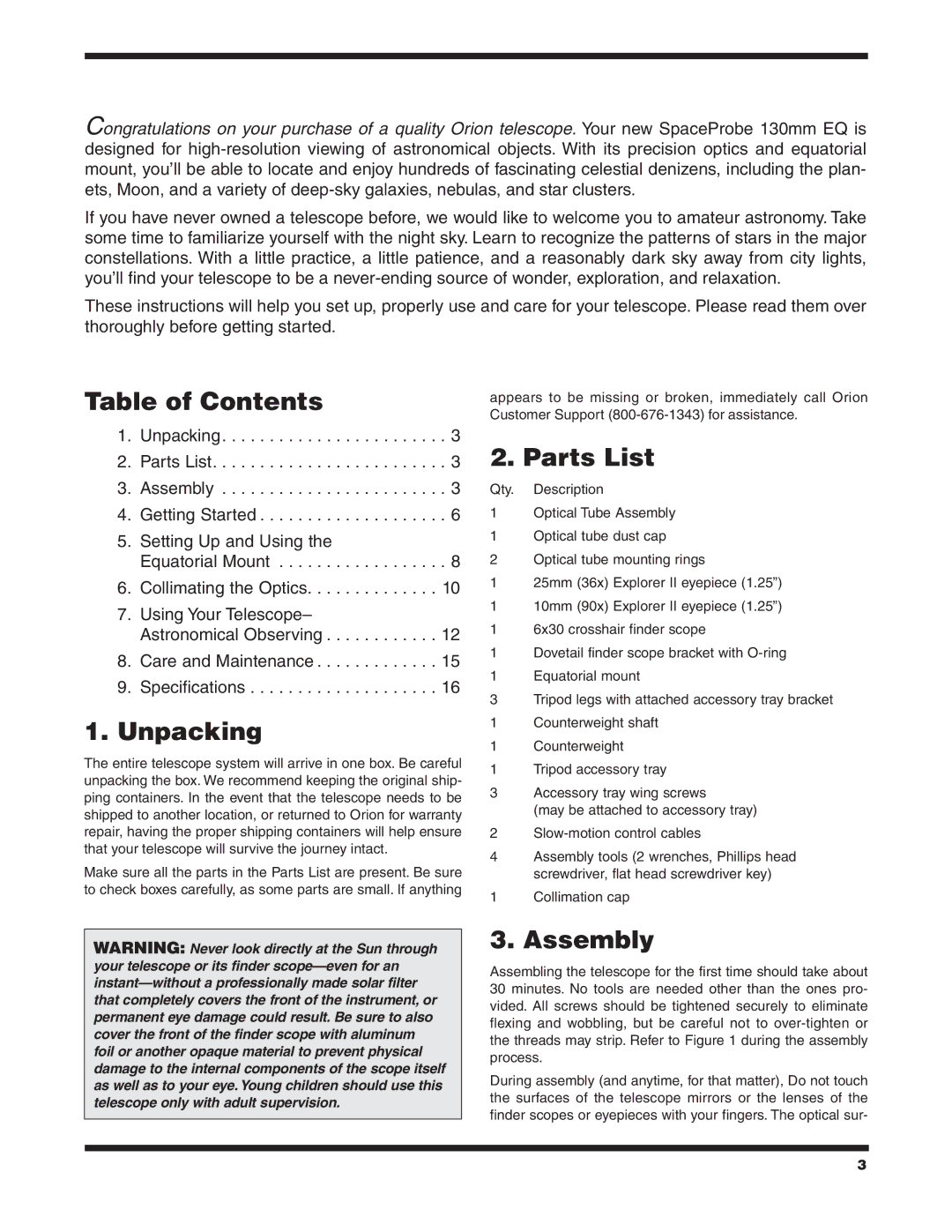 Orion 9851 instruction manual Table of Contents, Unpacking, Parts List, Assembly 