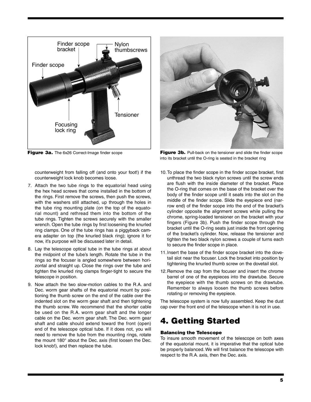 Orion 9851 instruction manual Getting Started, Balancing the Telescope 