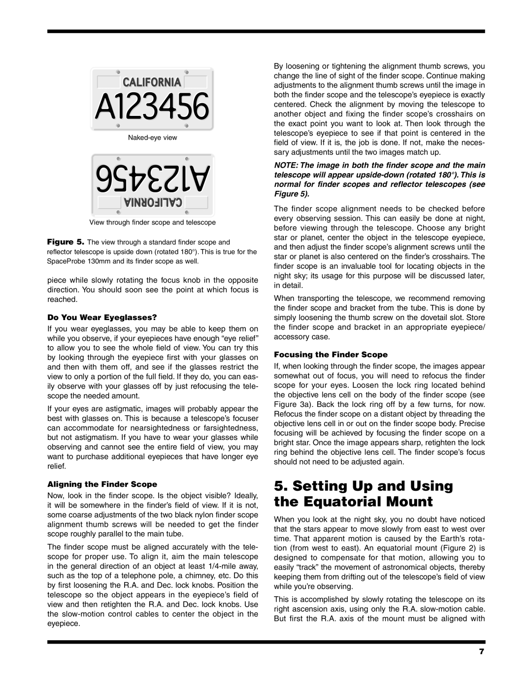 Orion 9851 instruction manual Setting Up and Using the Equatorial Mount, Do You Wear Eyeglasses?, Aligning the Finder Scope 