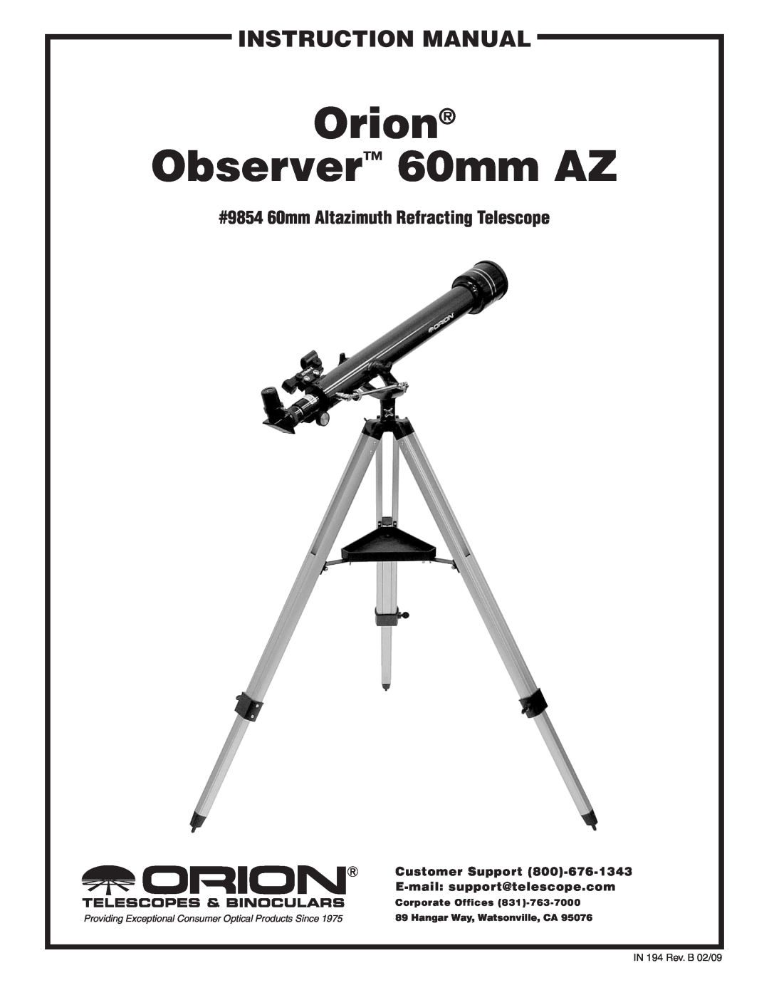 Orion instruction manual #9854 60mm Altazimuth Refracting Telescope, Orion Observer 60mm AZ 
