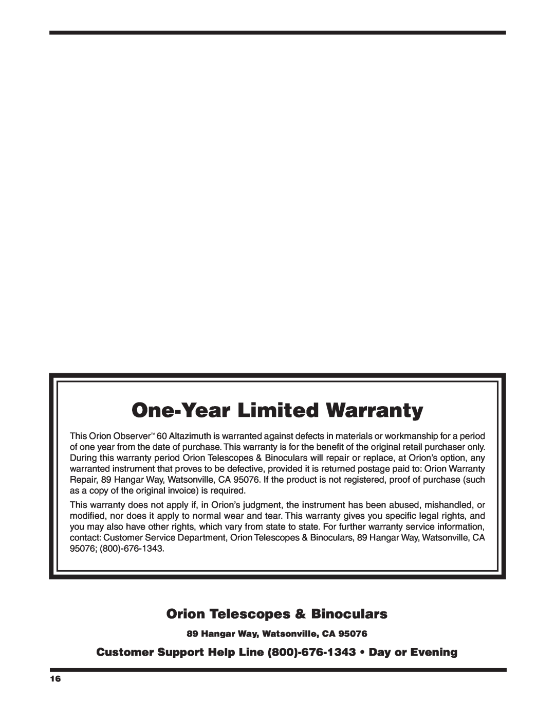 Orion 9854 instruction manual Orion Telescopes & Binoculars, One-Year Limited Warranty, Hangar Way, Watsonville, CA 