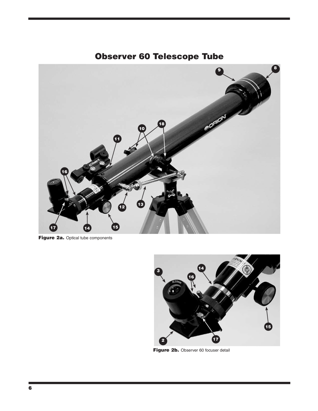 Orion 9854 instruction manual Observer 60 Telescope Tube, 1714, a. Optical tube components, b. Observer 60 focuser detail 