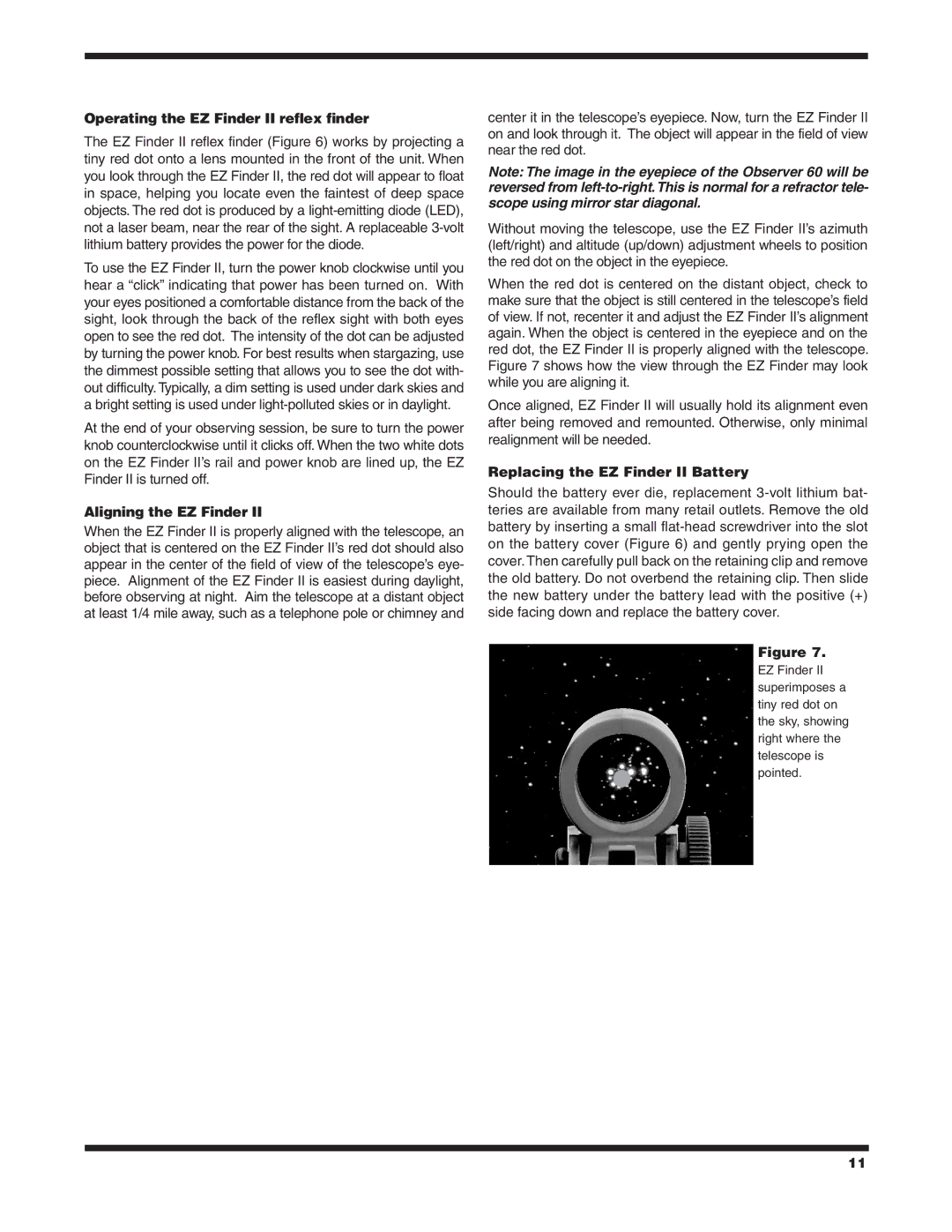 Orion 9854 Operating the EZ Finder II reflex finder, Aligning the EZ Finder, Replacing the EZ Finder II Battery 