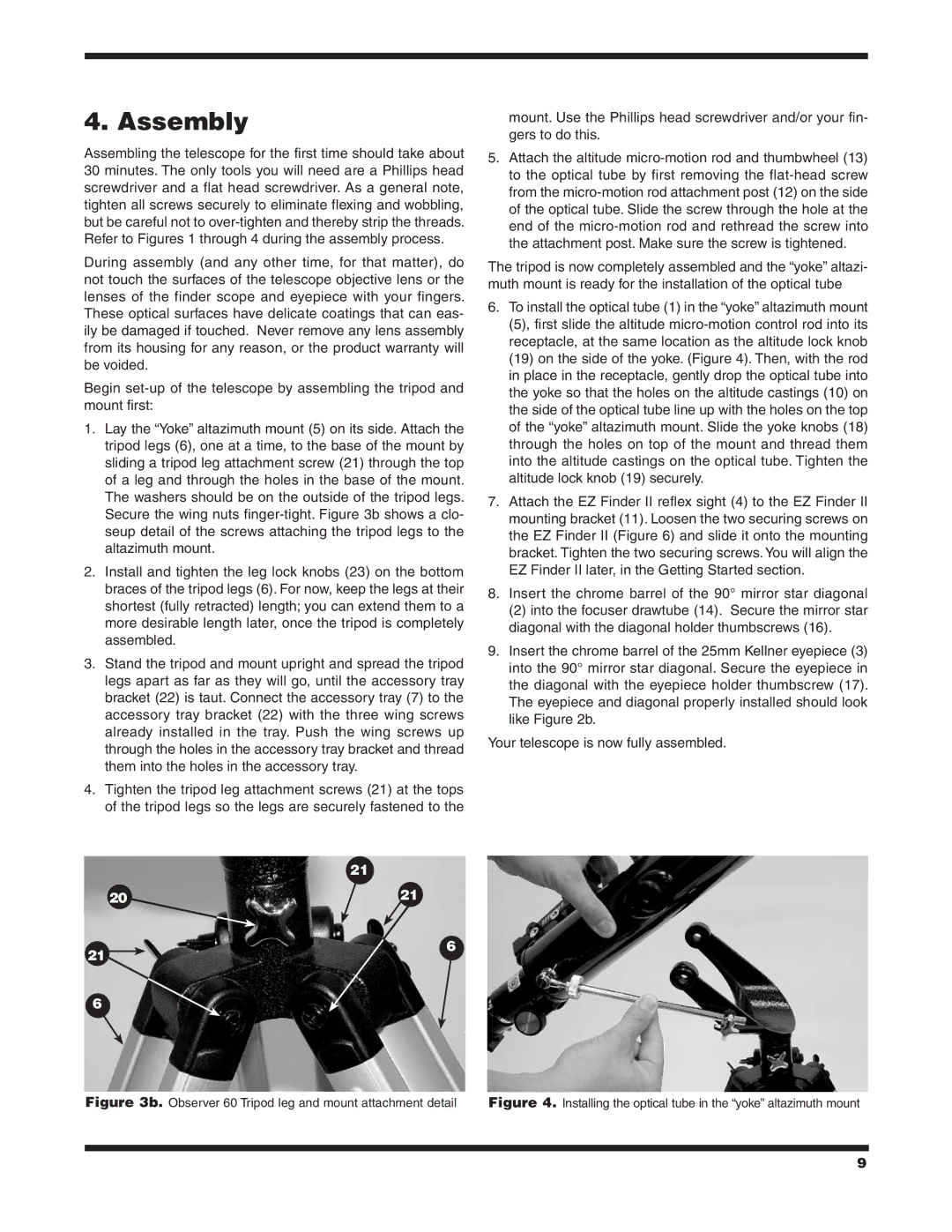 Orion 9854 instruction manual Assembly, Observer 60 Tripod leg and mount attachment detail 