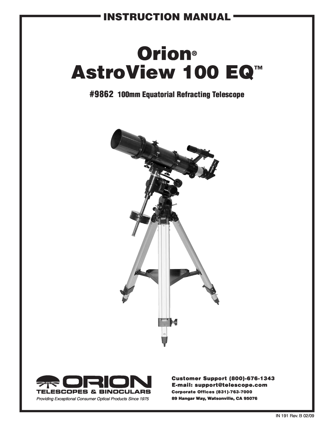 Orion instruction manual #9862100mm Equatorial Refracting Telescope, Orion AstroView 100 EQ 