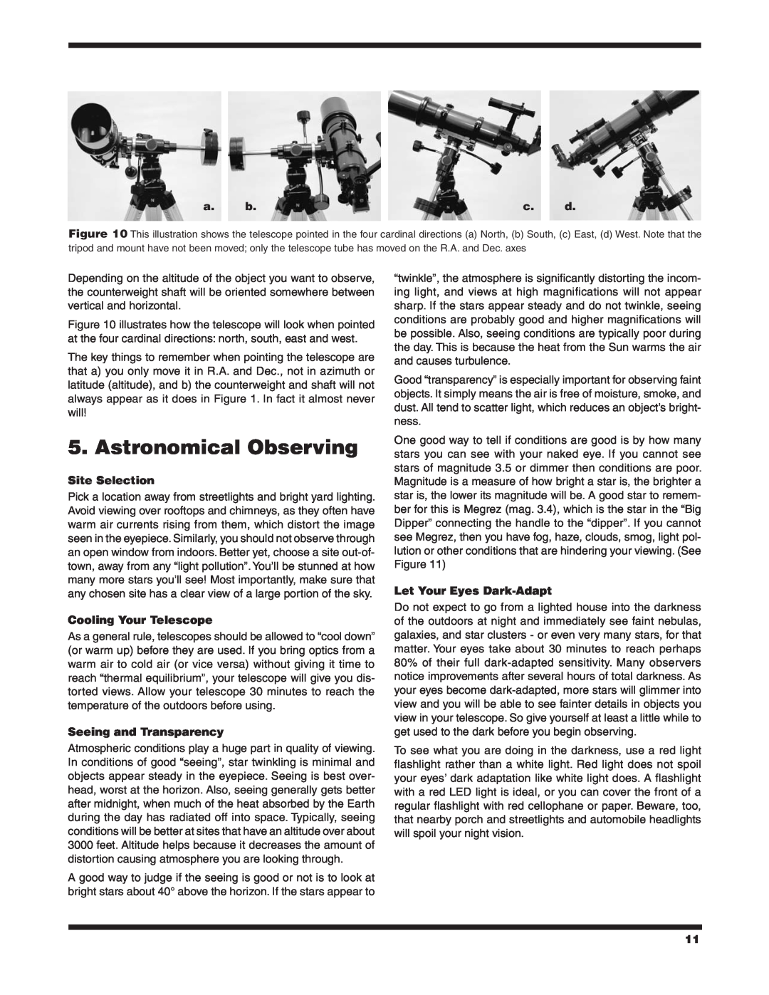 Orion 9862 instruction manual Astronomical Observing, Site Selection, Cooling Your Telescope, Seeing and Transparency 