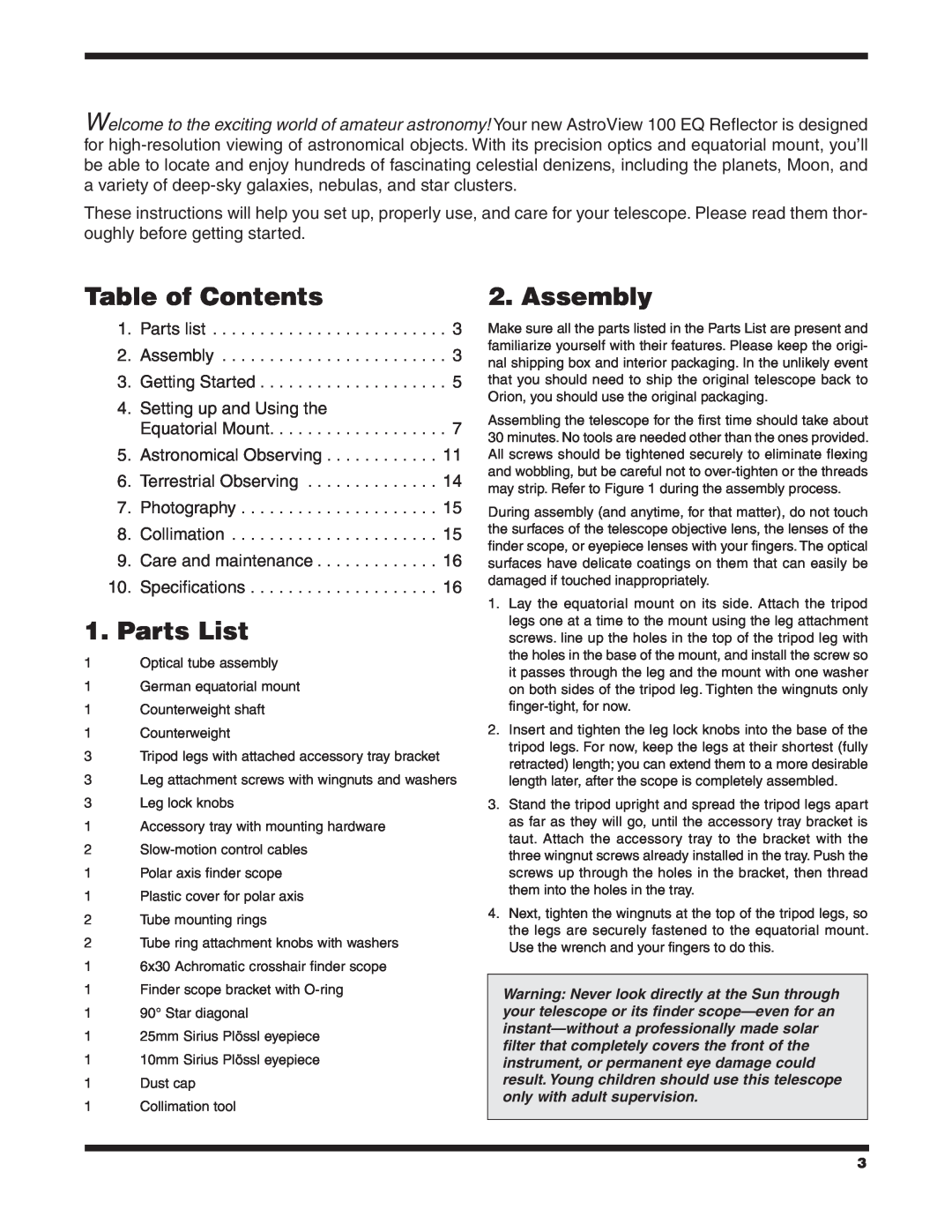 Orion 9862 instruction manual Table of Contents, Assembly, Parts List 