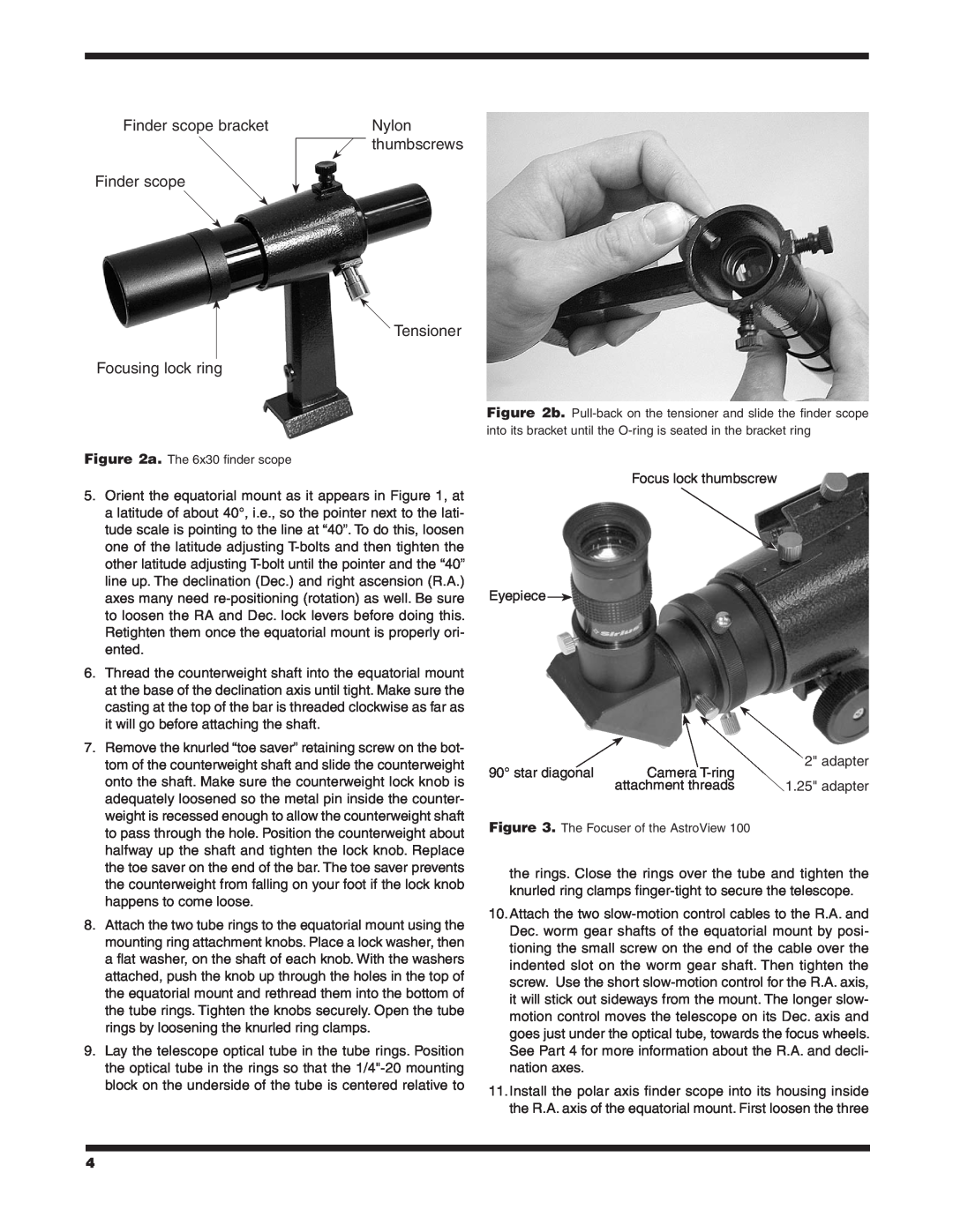 Orion 9862 instruction manual Finder scope bracket Finder scope, Focusing lock ring, Nylon thumbscrews Tensioner 
