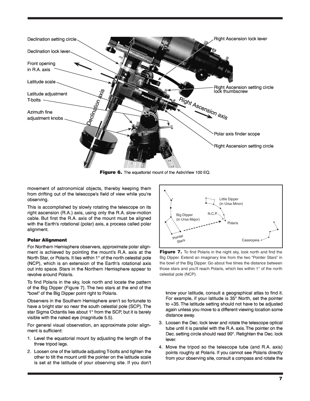 Orion 9862 instruction manual Right, Ascension, axis, Polar Alignment 