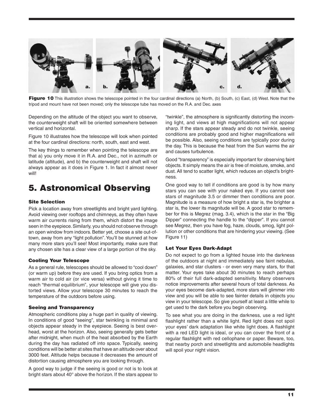 Orion 9862 instruction manual Astronomical Observing, Site Selection, Cooling Your Telescope, Seeing and Transparency 