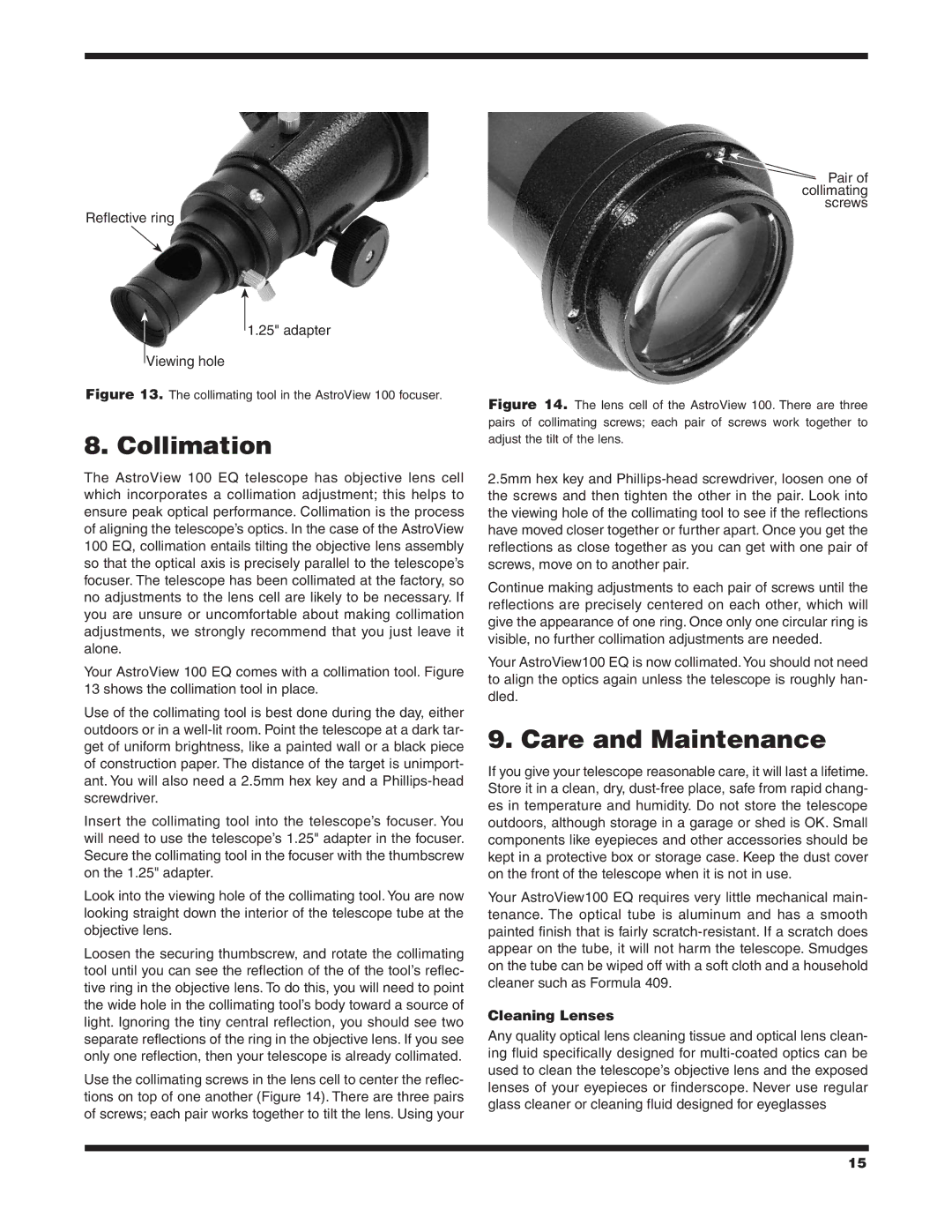 Orion 9862 instruction manual Collimation, Care and Maintenance, Cleaning Lenses 