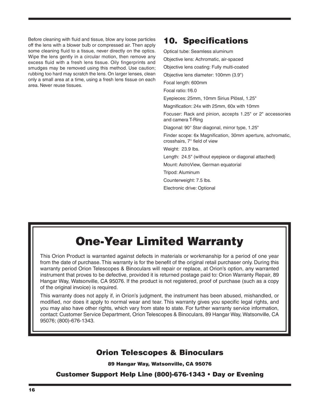 Orion 9862 instruction manual One-Year Limited Warranty, Specifications 