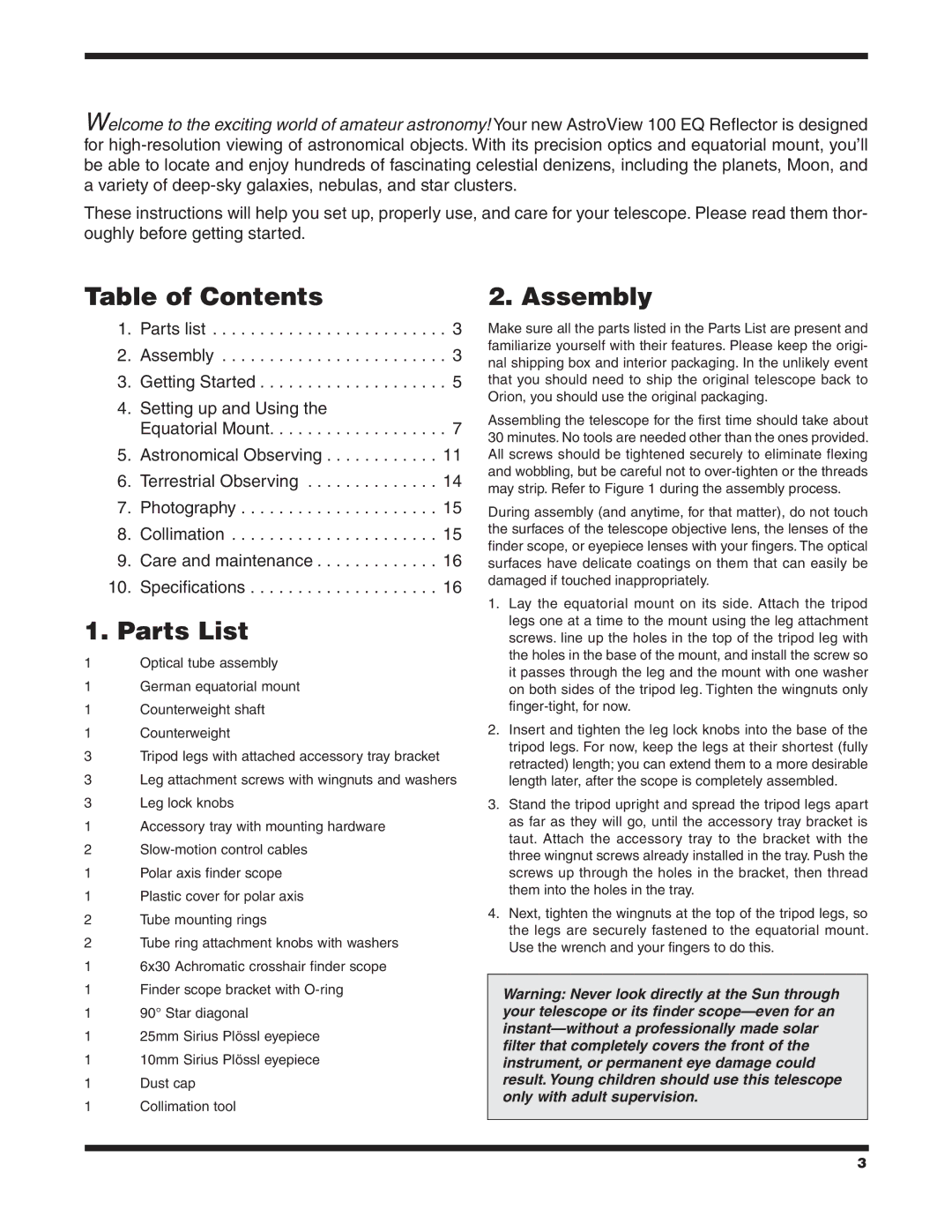 Orion 9862 instruction manual Table of Contents, Assembly, Parts List 