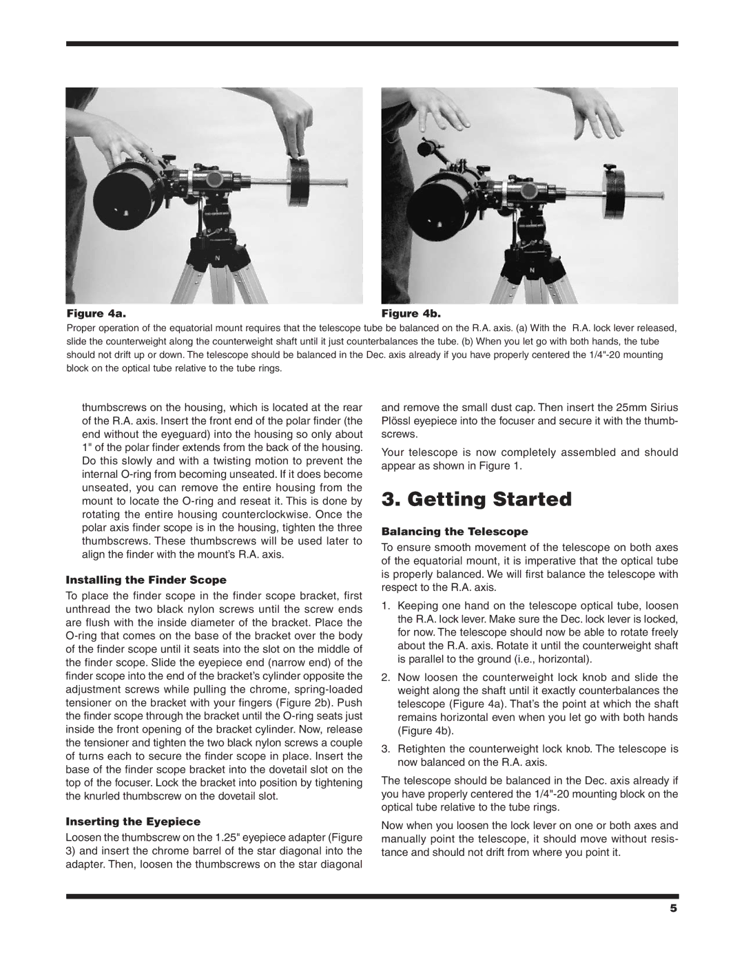 Orion 9862 instruction manual Getting Started, Installing the Finder Scope, Inserting the Eyepiece, Balancing the Telescope 