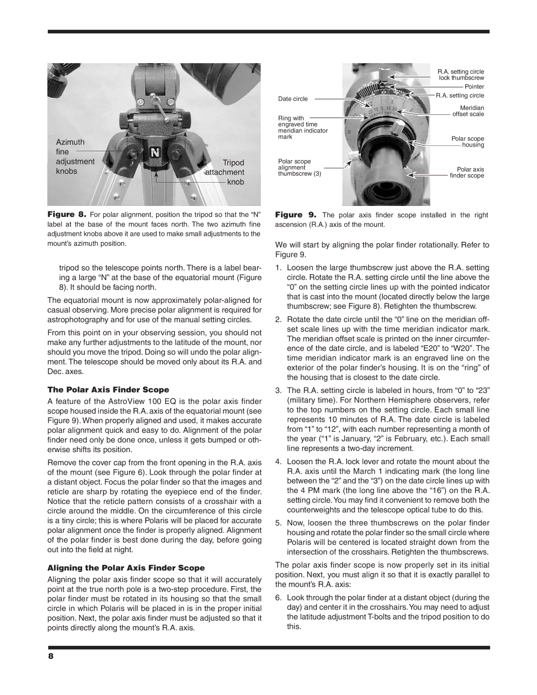 Orion 9862 instruction manual Aligning the Polar Axis Finder Scope 