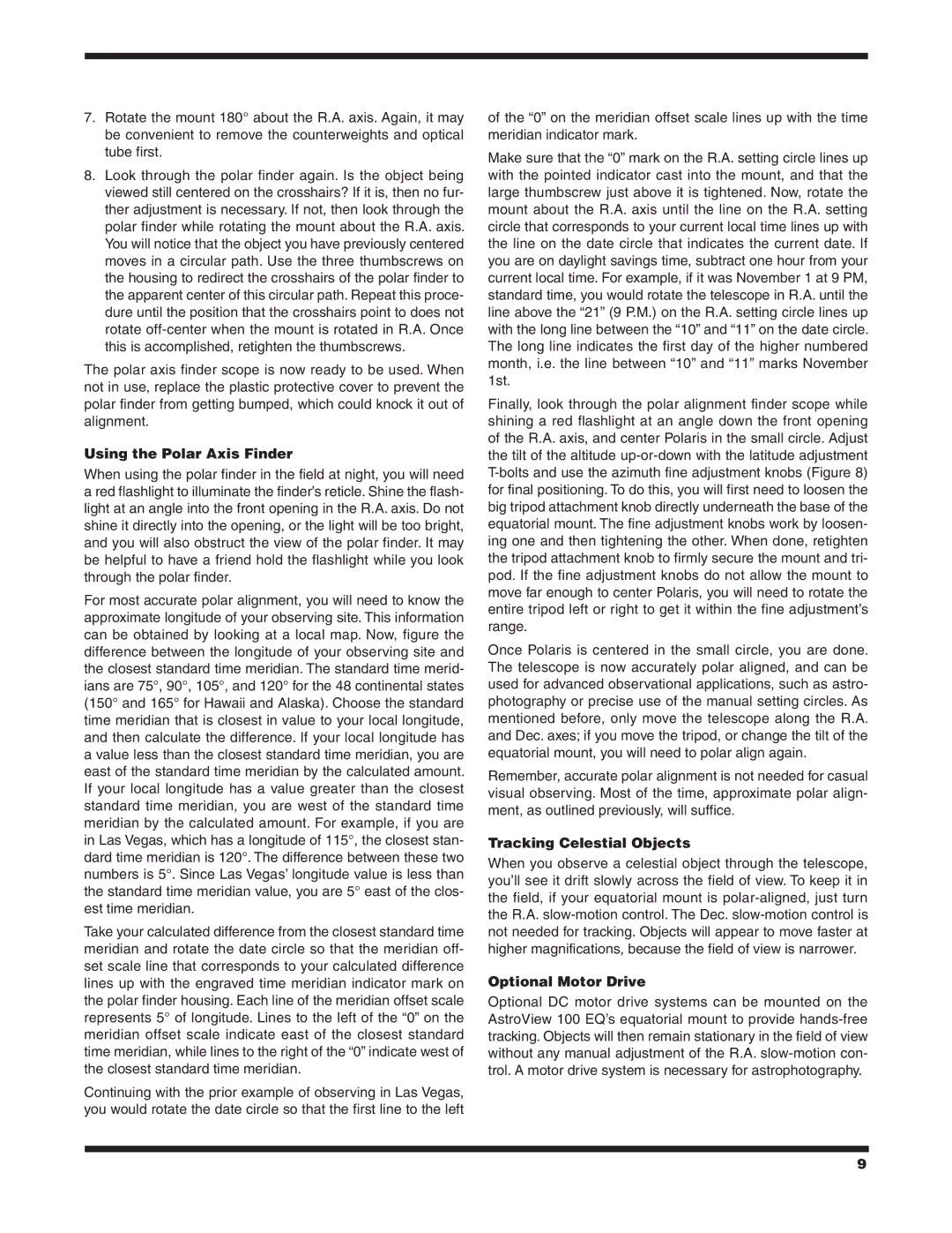 Orion 9862 instruction manual Using the Polar Axis Finder, Tracking Celestial Objects, Optional Motor Drive 