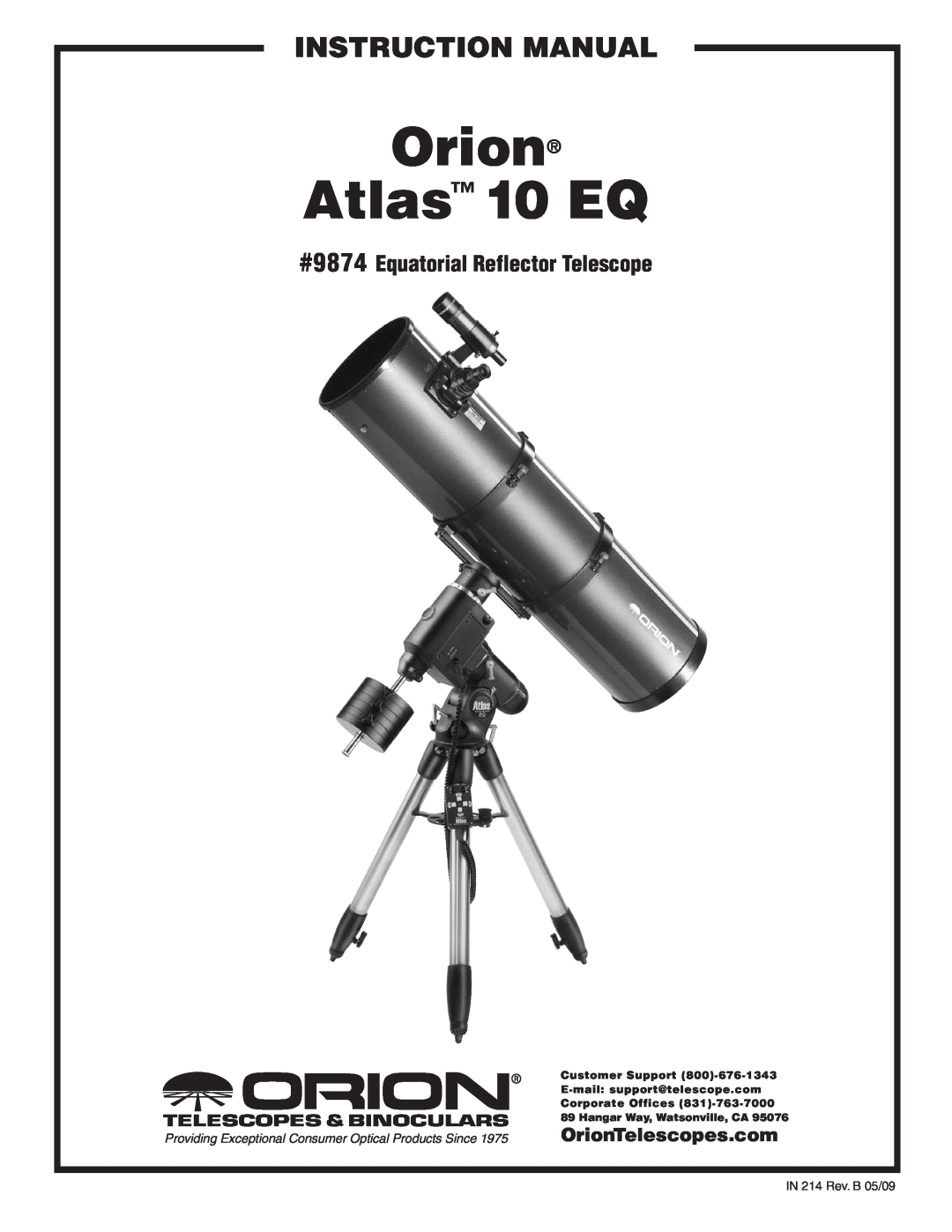 Orion instruction manual OrionTelescopes.com, Atlas 10 EQ, instruction Manual, #9874 Equatorial Reflector Telescope 