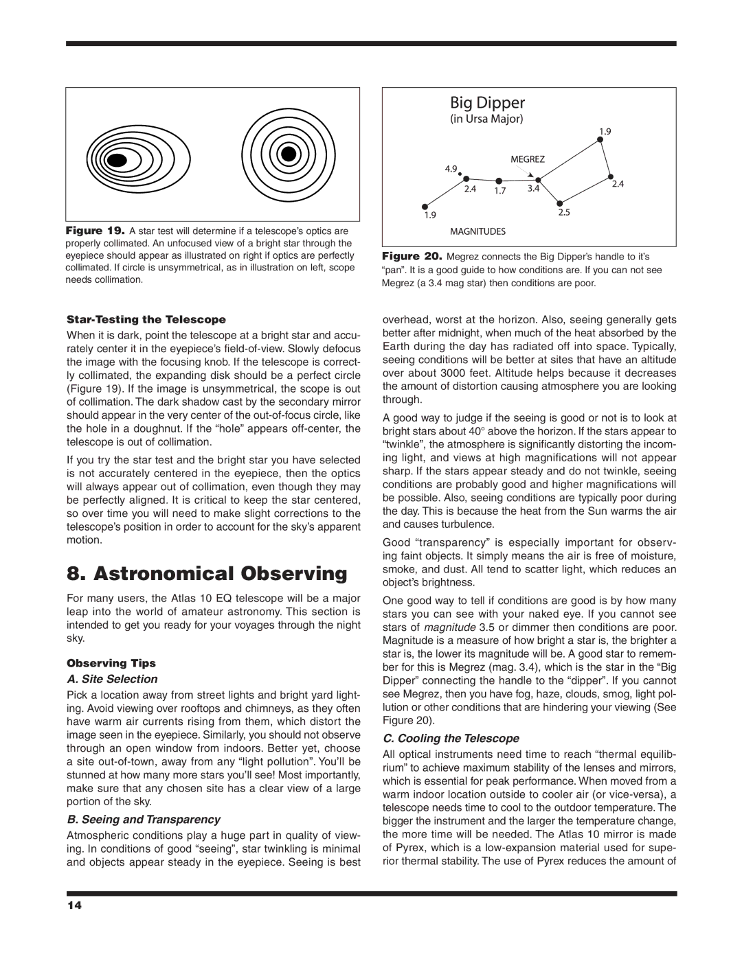 Orion 9874 instruction manual Astronomical Observing, Star-Testing the Telescope, Observing Tips 