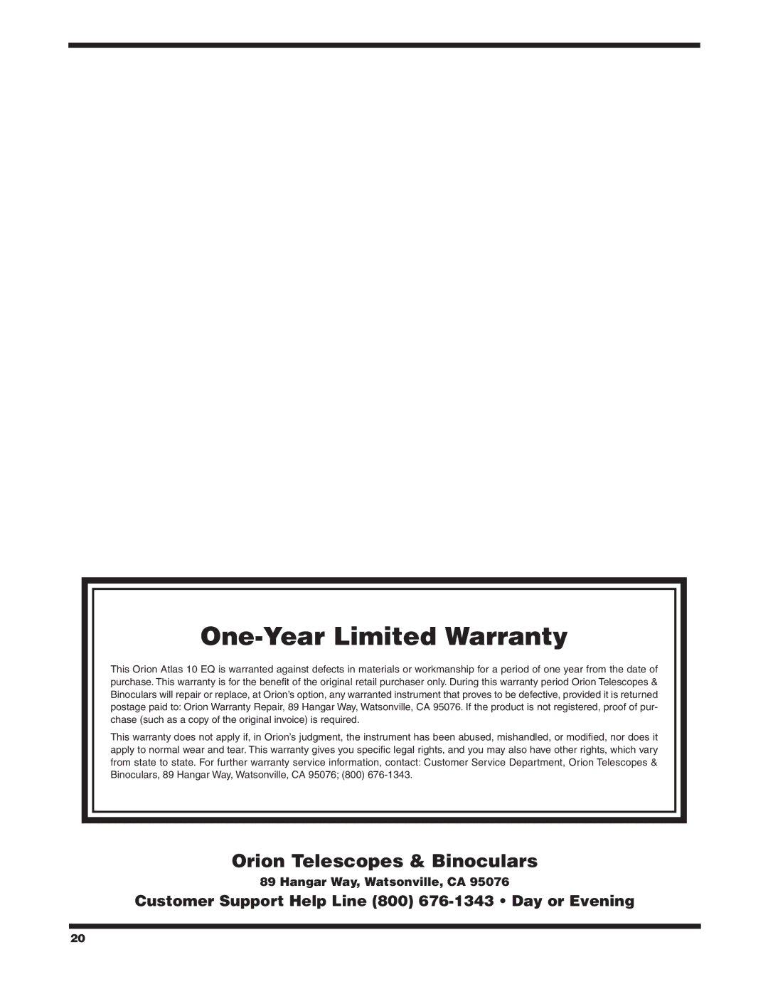 Orion 9874 instruction manual One-Year Limited Warranty 