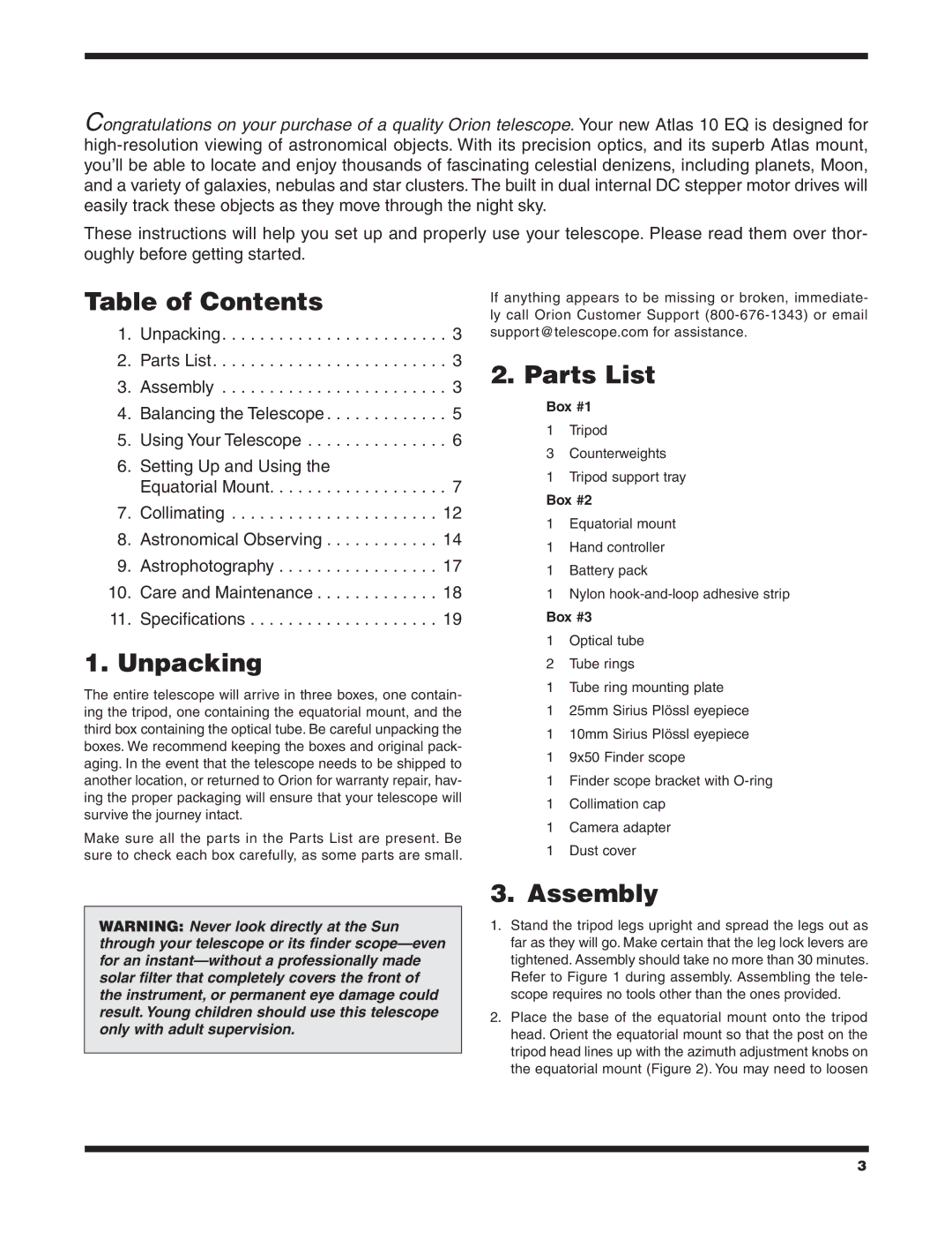 Orion 9874 instruction manual Table of Contents, Unpacking, Parts List, Assembly 