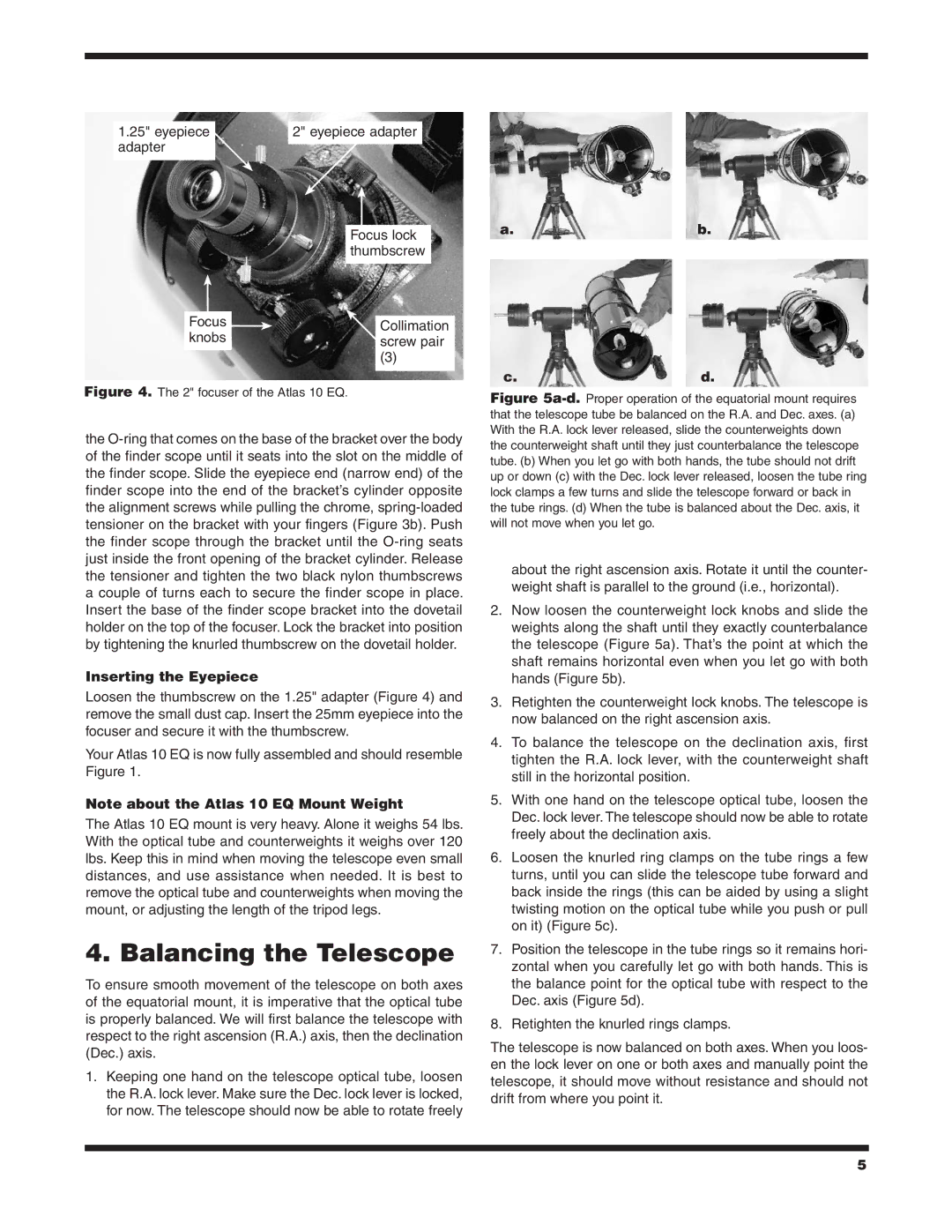 Orion 9874 instruction manual Balancing the Telescope, Inserting the Eyepiece 