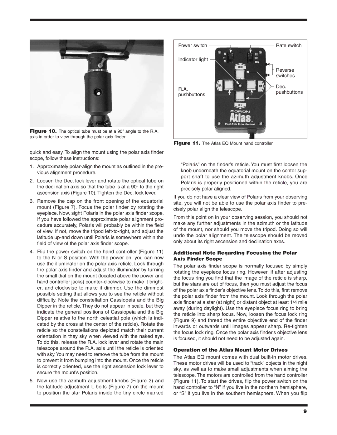 Orion 9874 instruction manual Operation of the Atlas Mount Motor Drives, Atlas EQ Mount hand controller 