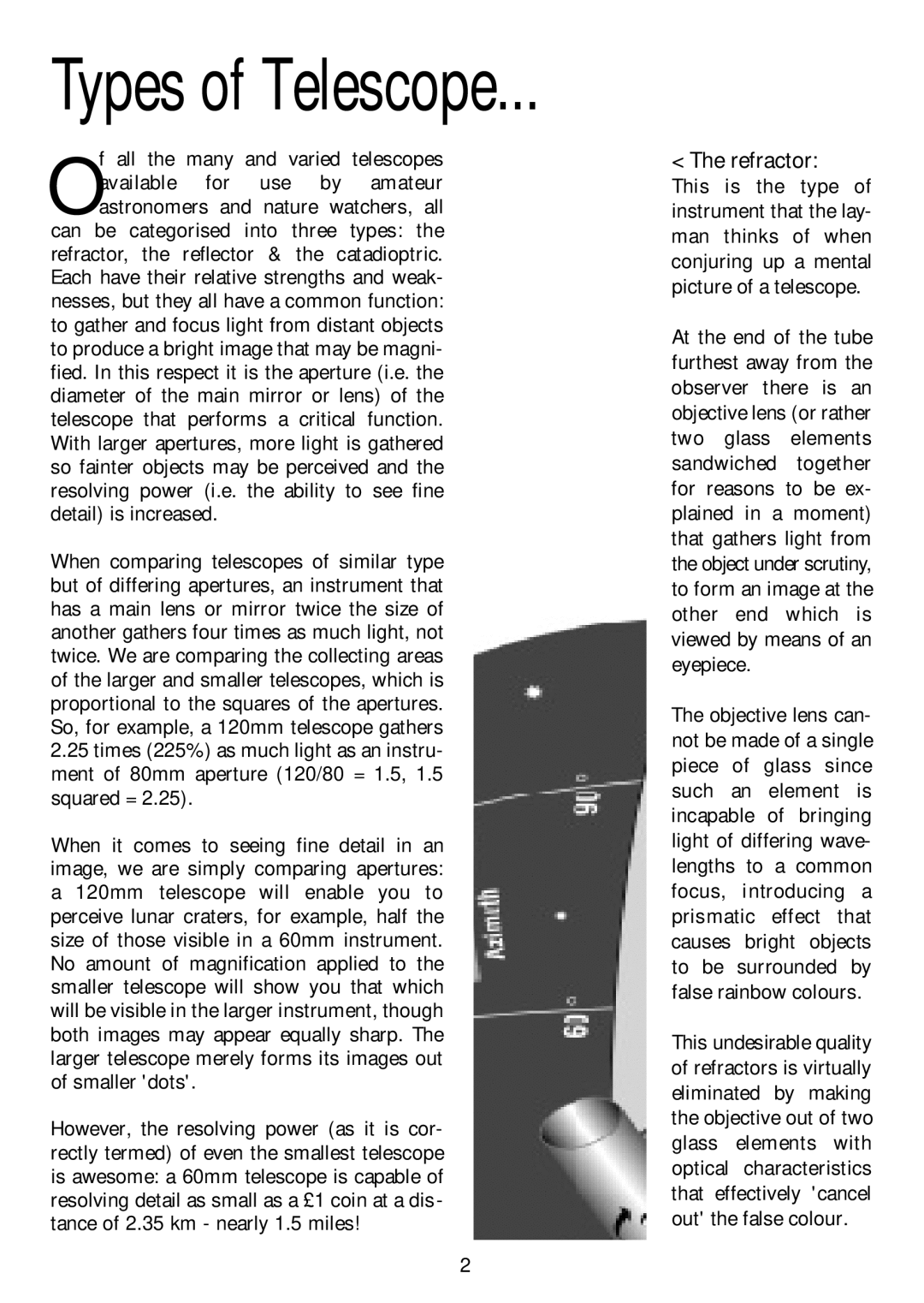 Orion 9877 manual Types of Telescope 