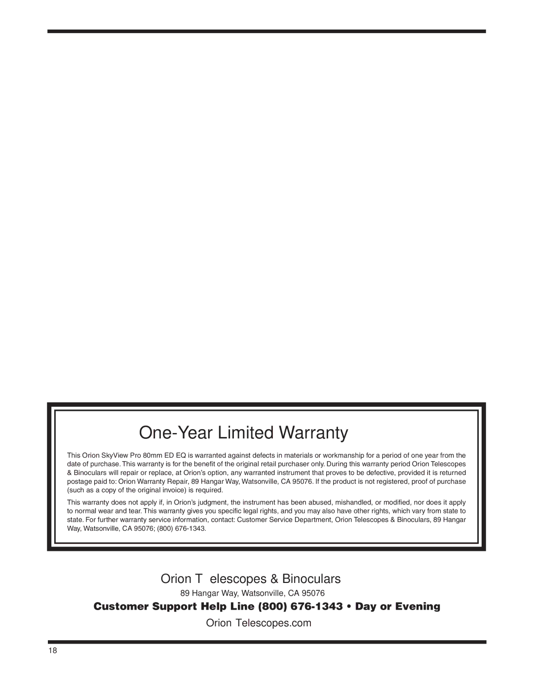 Orion 9884 instruction manual One-Year Limited Warranty 