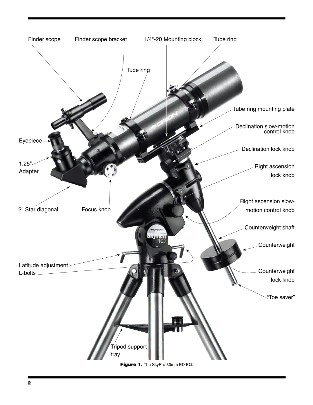 Orion 9884 instruction manual Latitude adjustment Bolts Tripod support tray 