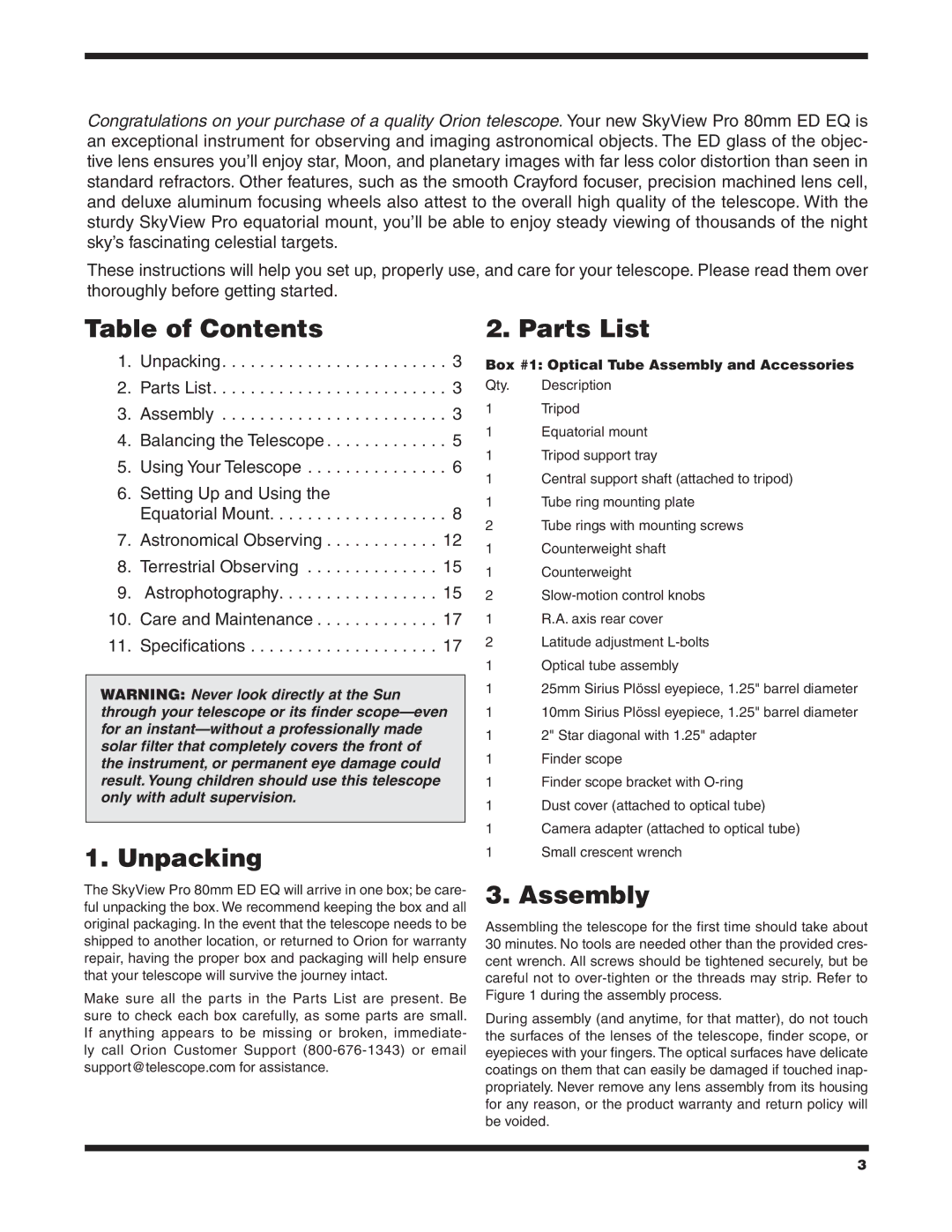 Orion 9884 instruction manual Table of Contents, Unpacking, Parts List, Assembly 