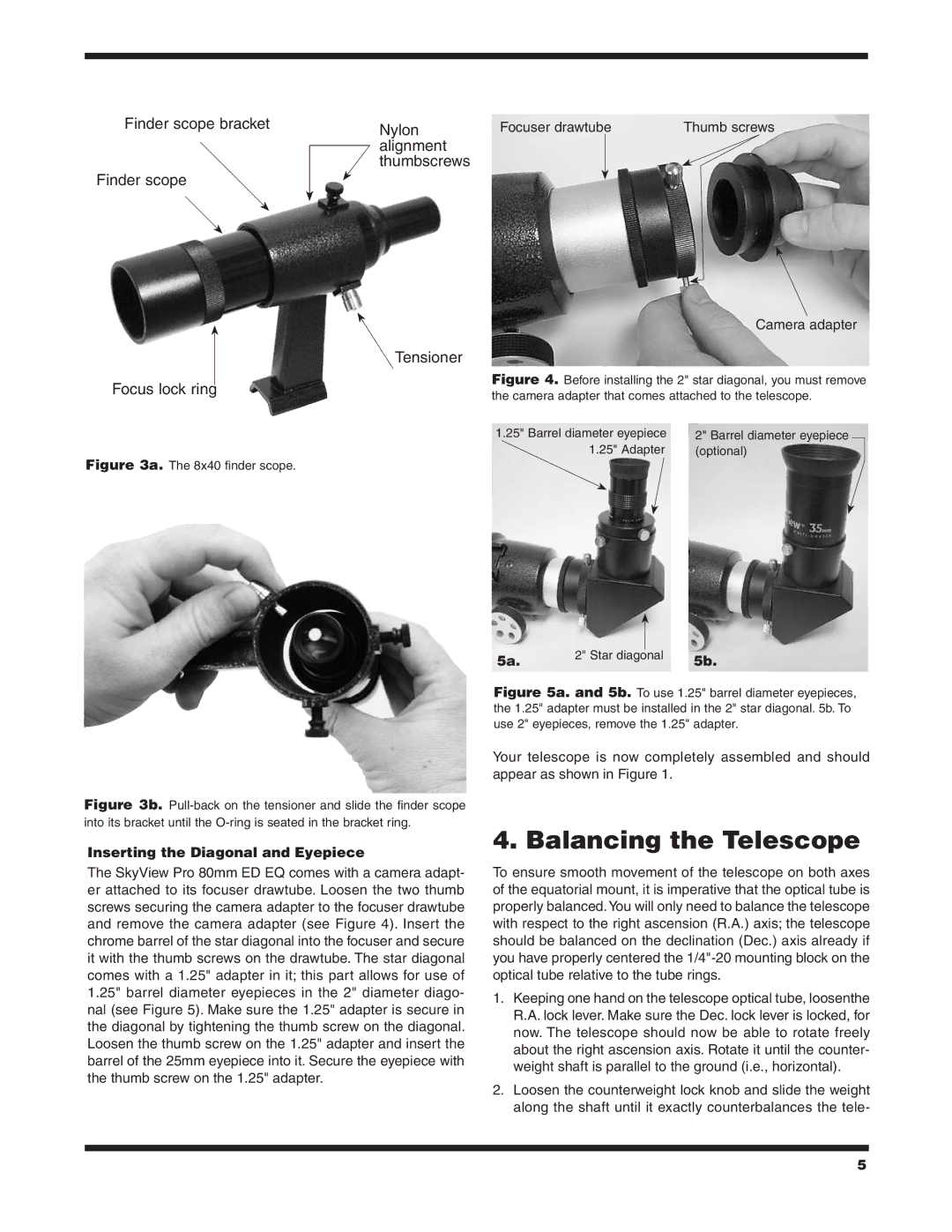 Orion 9884 instruction manual Balancing the Telescope, Inserting the Diagonal and Eyepiece 