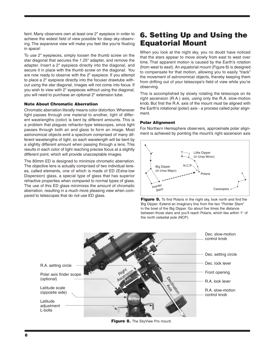 Orion 9884 instruction manual Setting Up and Using the Equatorial Mount, Polar Alignment 