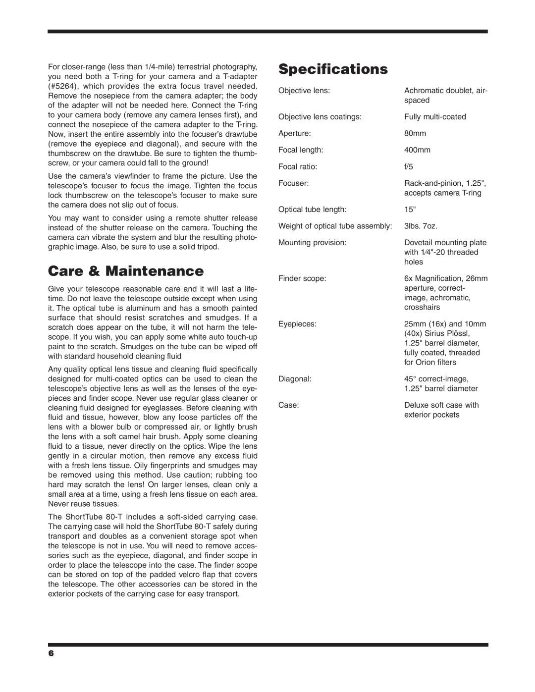 Orion 9946 instruction manual Care & Maintenance, Specifications 