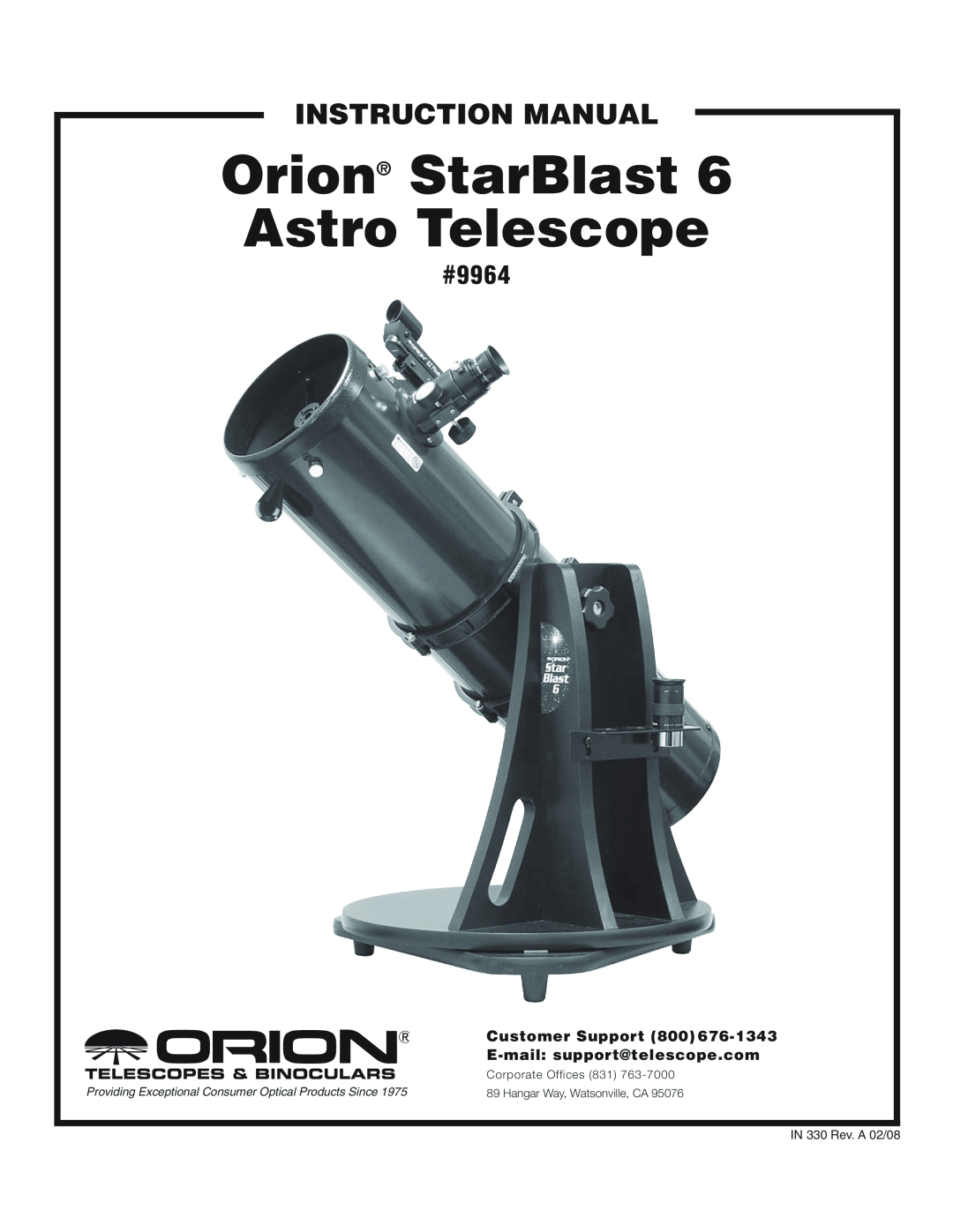 Orion instruction manual Customer Support, E-mail support@telescope.com, Orion, StarBlast, Astro Telescope, #9964 