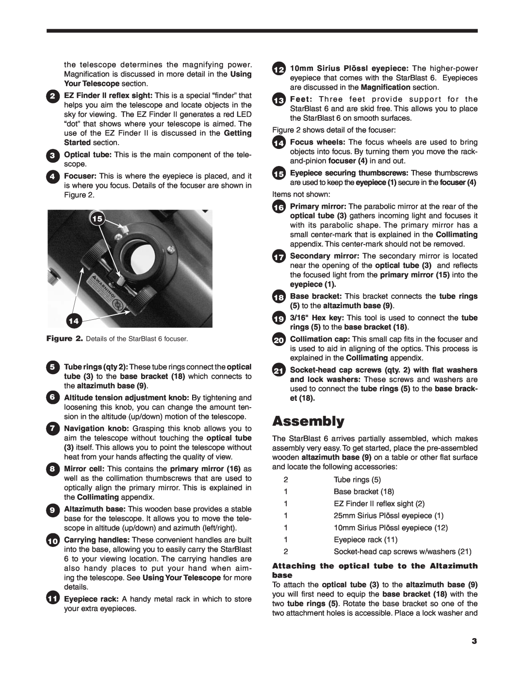 Orion 9964 instruction manual Assembly, to the altazimuth base, Attaching the optical tube to the Altazimuth base 