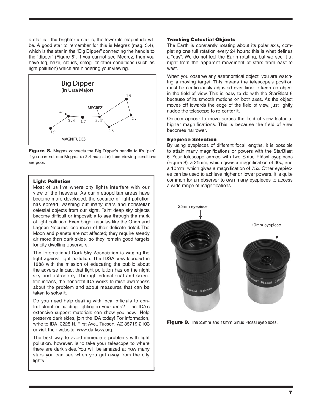Orion 9964 instruction manual Light Pollution, Tracking Celestial Objects, Eyepiece Selection, 25mm eyepiece 10mm eyepiece 