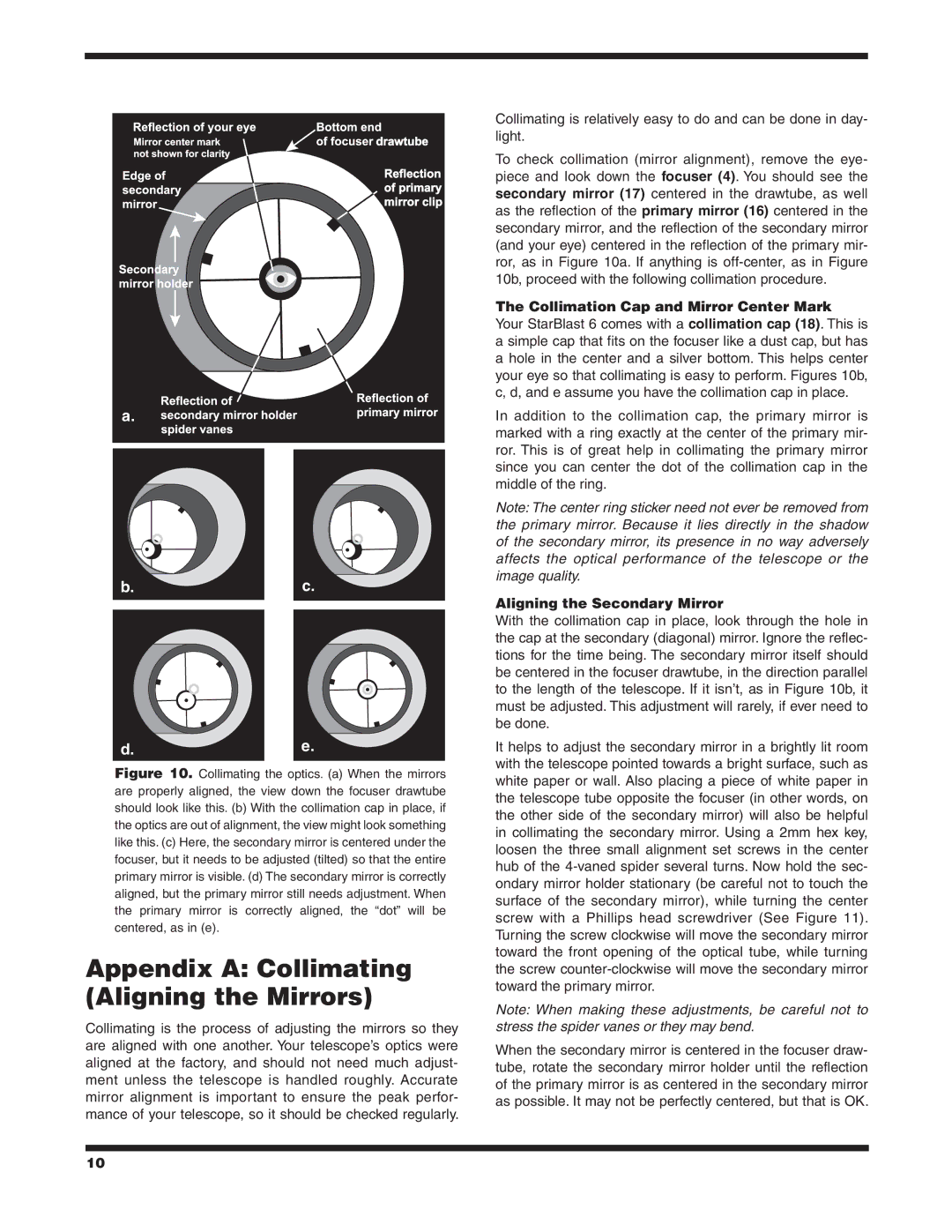 Orion 9964 instruction manual Appendix a Collimating Aligning the Mirrors, Collimation Cap and Mirror Center Mark 