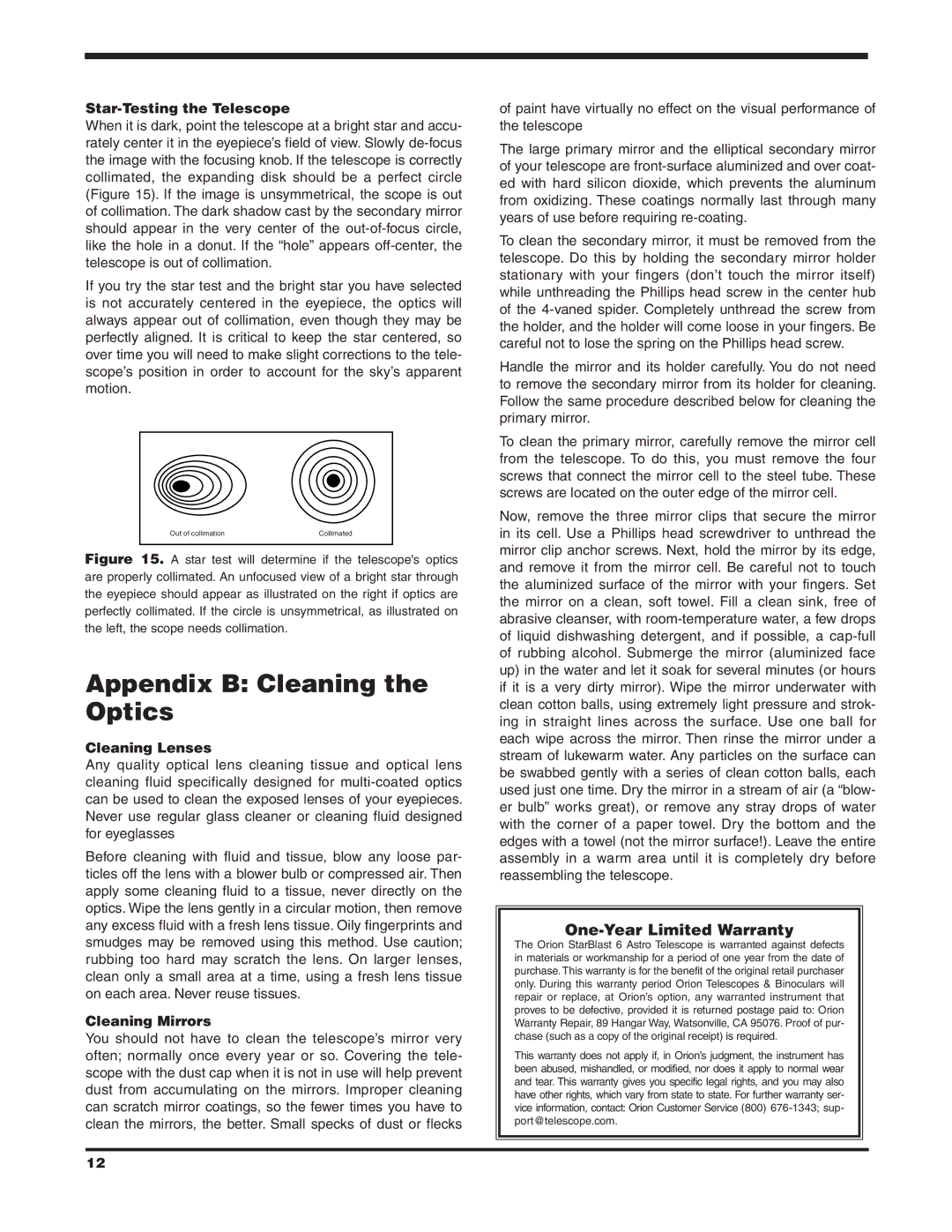 Orion 9964 instruction manual Appendix B Cleaning the Optics, Star-Testing the Telescope, Cleaning Lenses, Cleaning Mirrors 