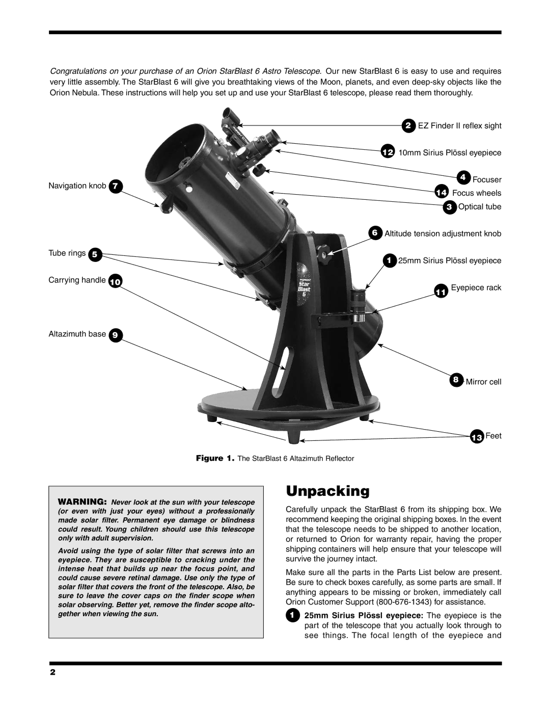 Orion 9964 instruction manual Unpacking, StarBlast 6 Altazimuth Reflector 