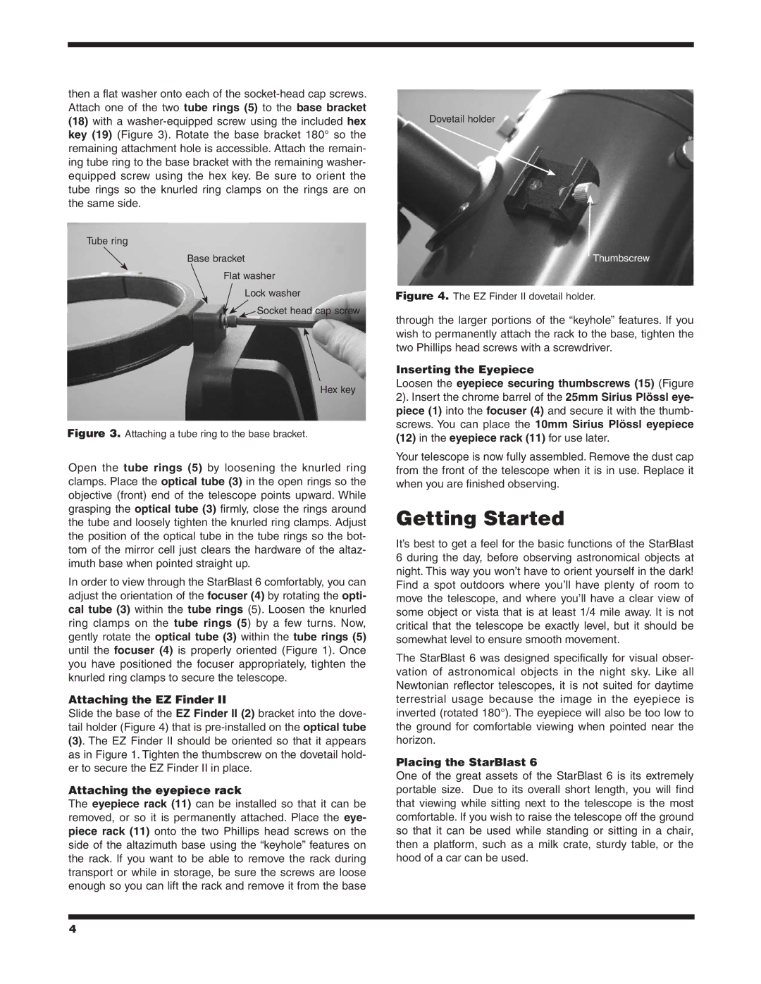 Orion 9964 instruction manual Getting Started, Attaching the EZ Finder, Attaching the eyepiece rack, Placing the StarBlast 