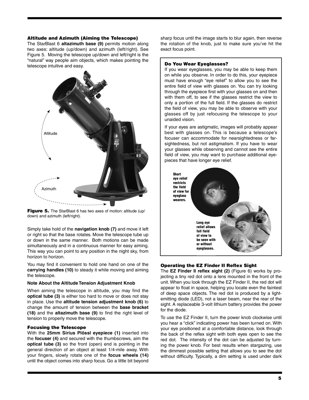 Orion 9964 instruction manual Altitude and Azimuth Aiming the Telescope, Focusing the Telescope, Do You Wear Eyeglasses? 