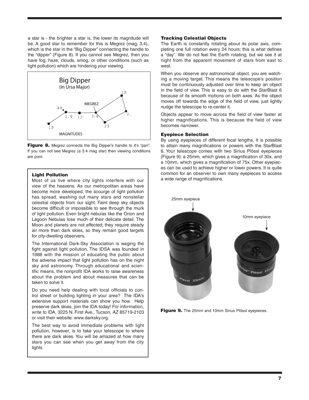 Orion 9964 instruction manual Light Pollution, Tracking Celestial Objects, Eyepiece Selection 