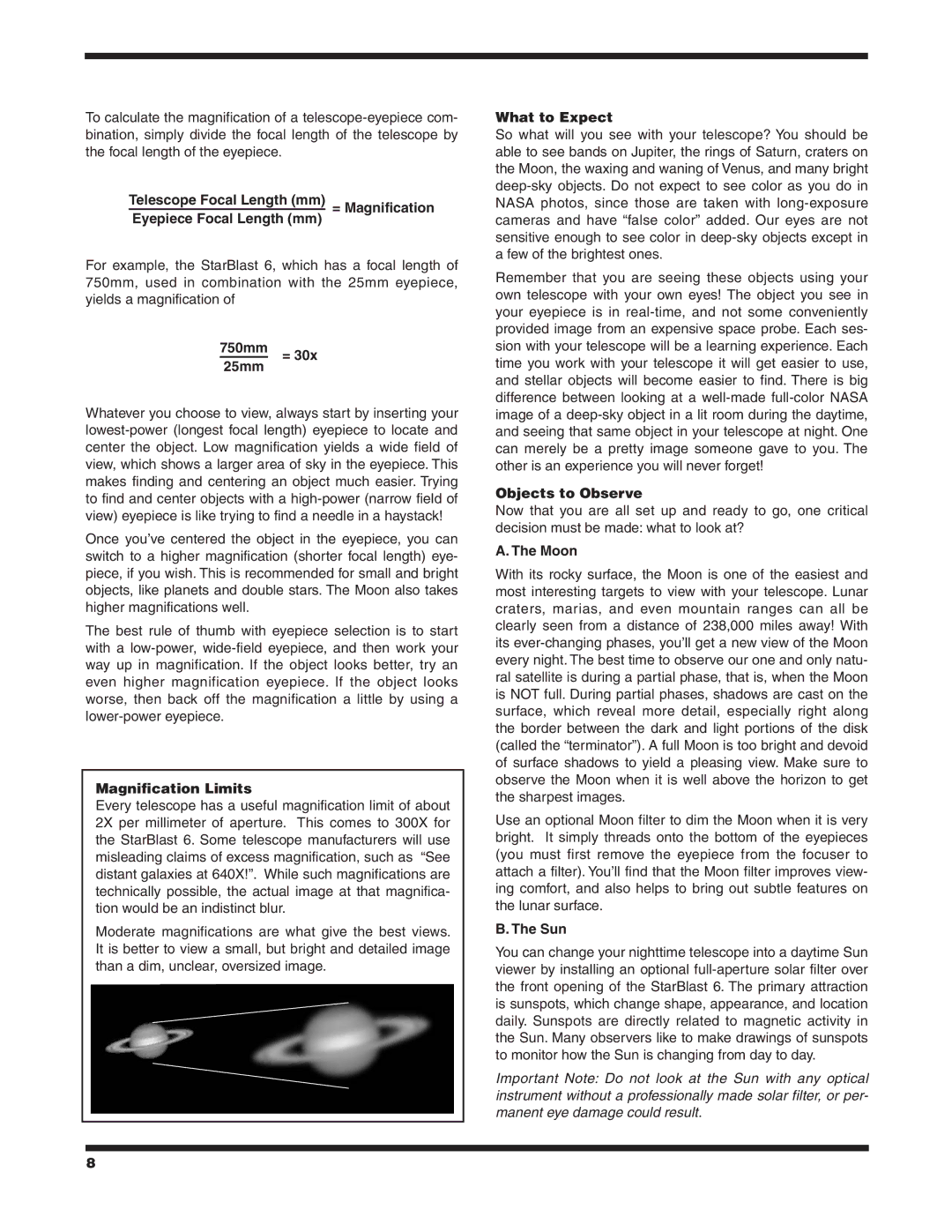 Orion 9964 instruction manual 750mm = 30x 25mm, Magnification Limits, What to Expect, Objects to Observe, Moon, Sun 