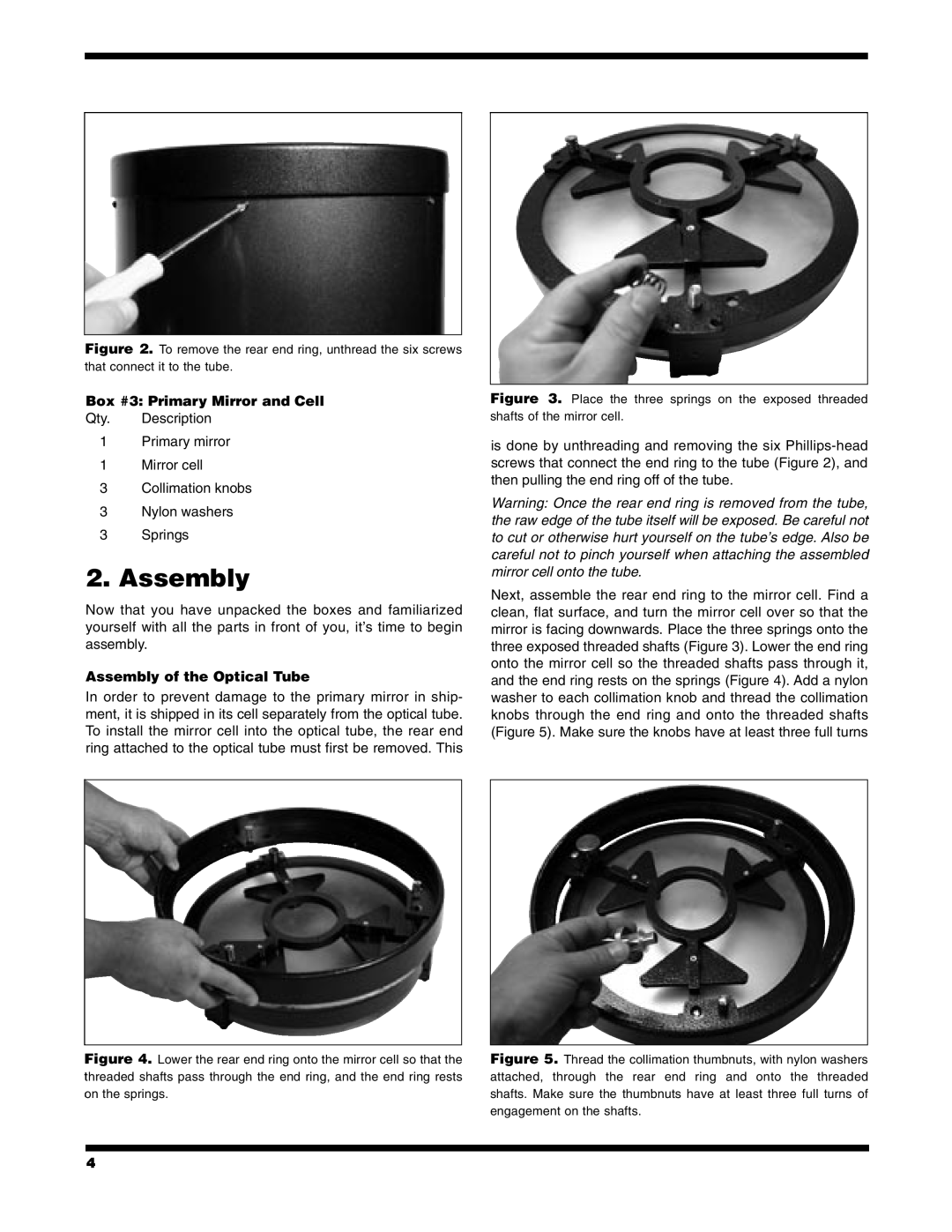 Orion 9966 instruction manual Box #3 Primary Mirror and Cell, Assembly of the Optical Tube 