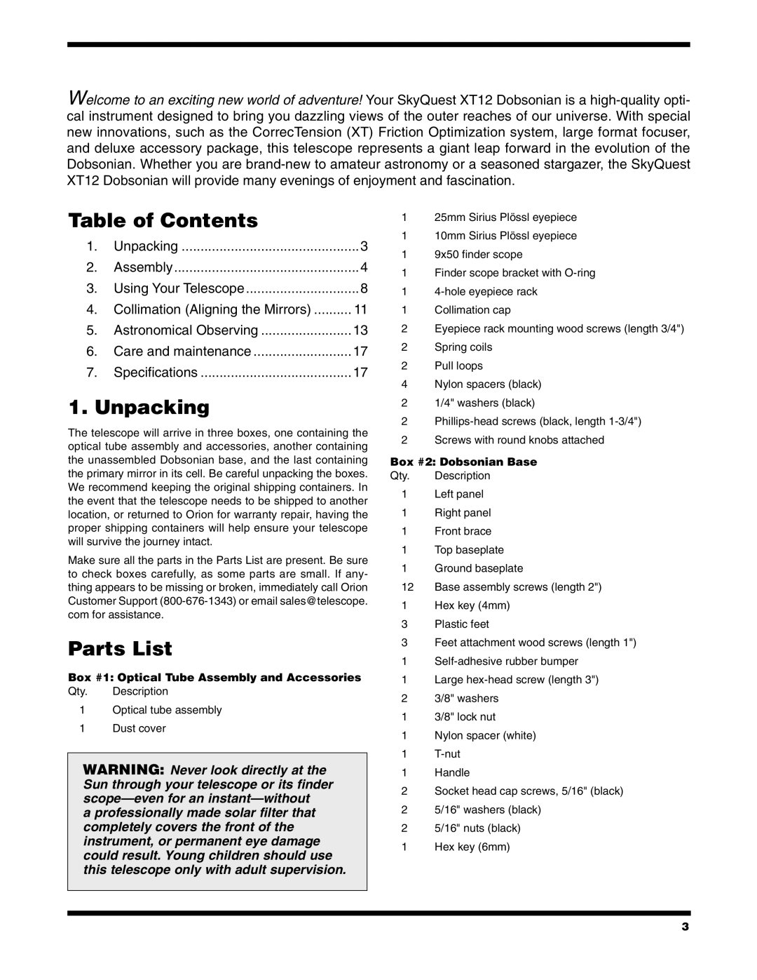 Orion 9966 instruction manual Table of Contents, Unpacking, Parts List 