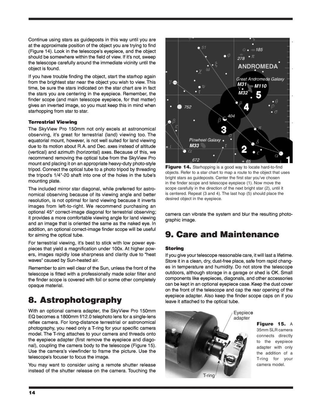 Orion 9968 instruction manual Astrophotography, Care and Maintenance, Terrestrial Viewing, Storing 