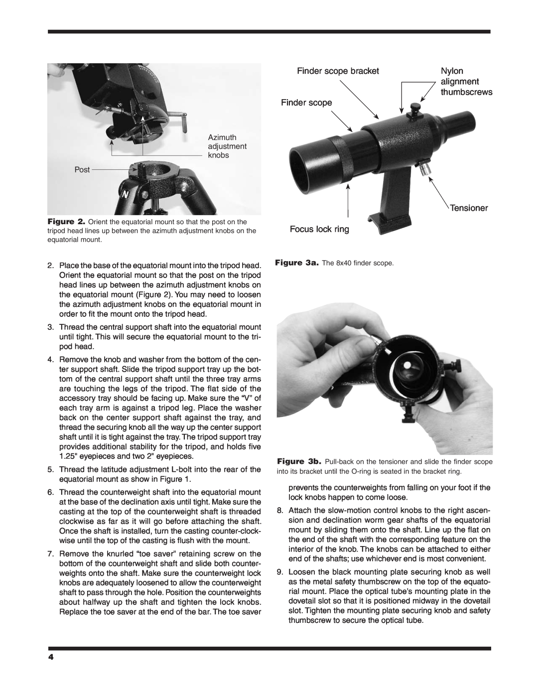 Orion 9968 instruction manual Finder scope bracket Finder scope, Nylon alignment thumbscrews, Tensioner Focus lock ring 