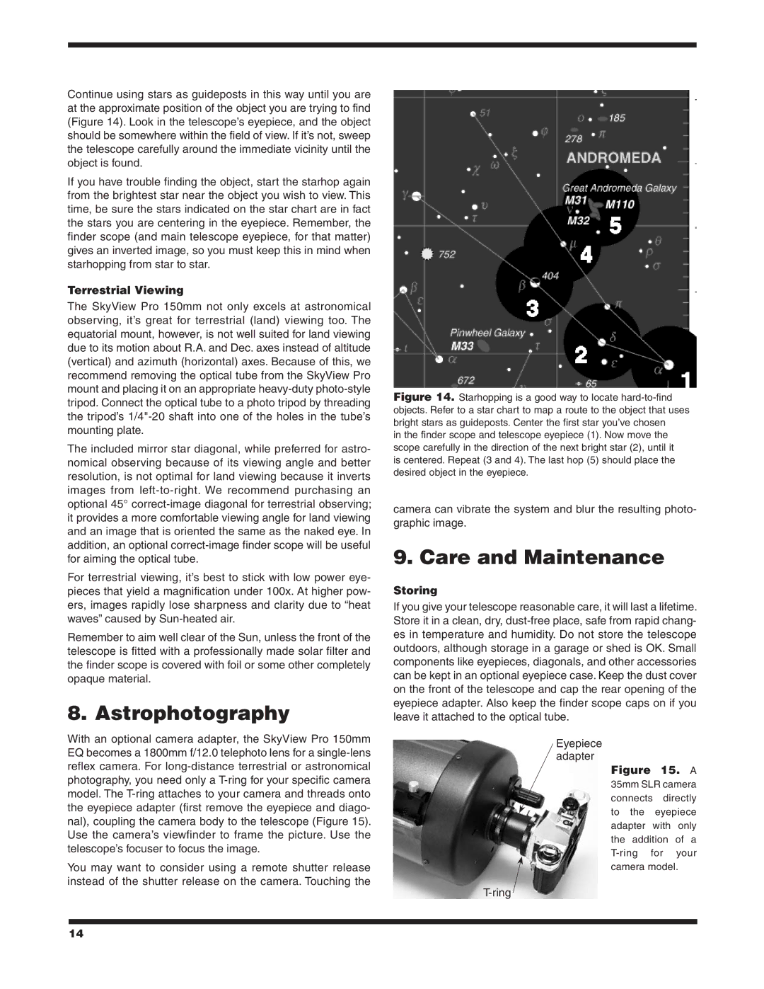 Orion 9968 instruction manual Astrophotography, Care and Maintenance, Terrestrial Viewing, Storing 