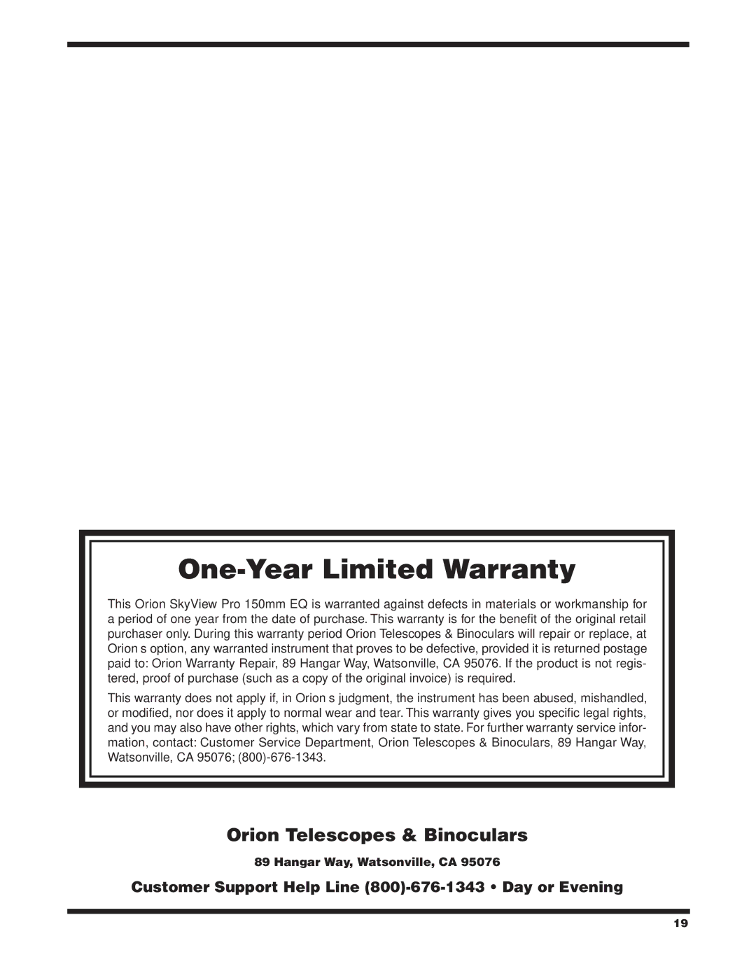 Orion 9968 instruction manual One-Year Limited Warranty 