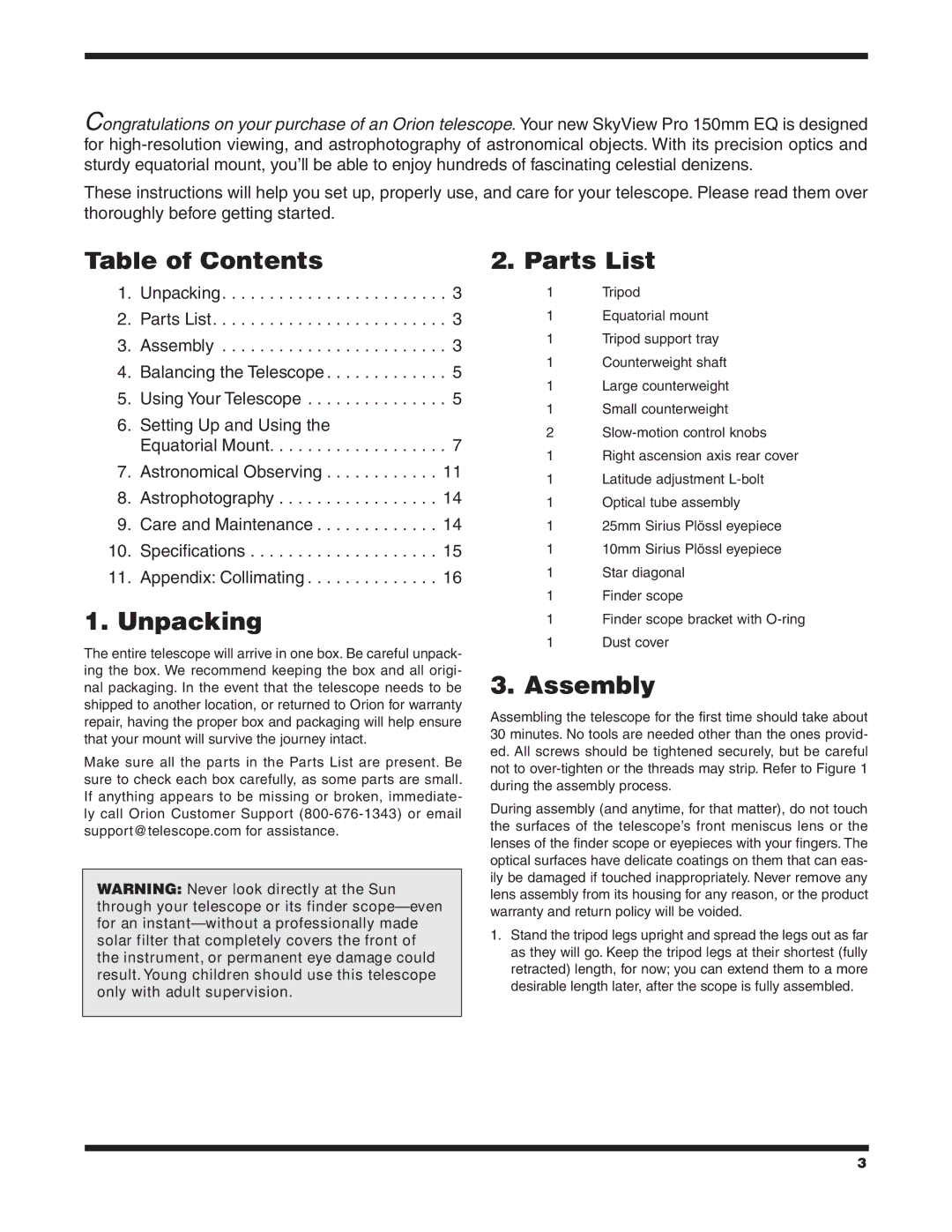 Orion 9968 instruction manual Table of Contents, Unpacking, Parts List, Assembly 